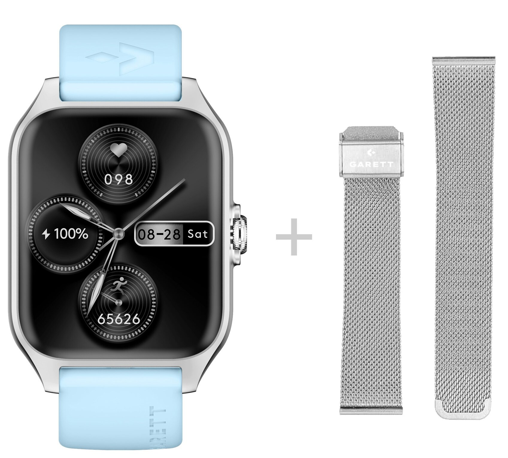 Niebieski smartwatch pokazujący tętno i liczbę kroków, obok dwóch srebrnych pasków.