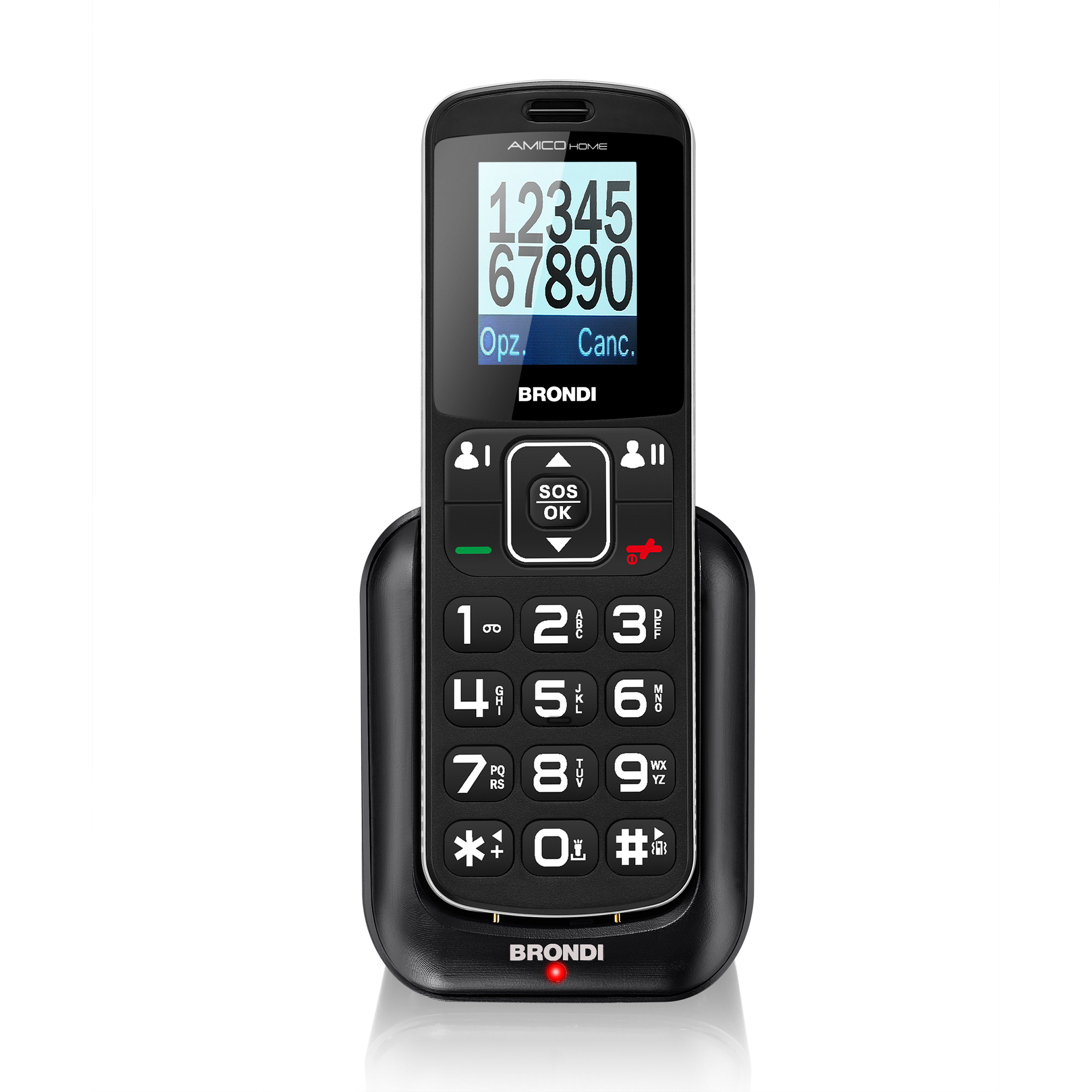 Un telefono Brondi senior nero con tasti grandi e funzione SOS nella sua base di ricarica.