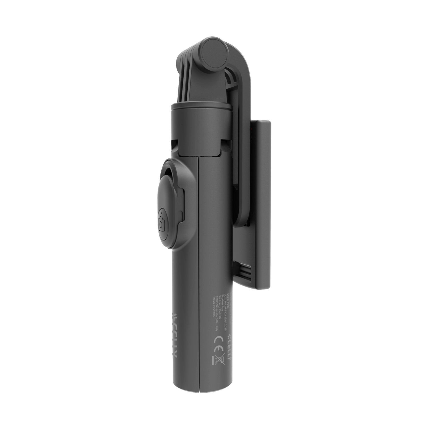 Viene mostrato un selfie stick Celly nero con pulsante e marchio CE.