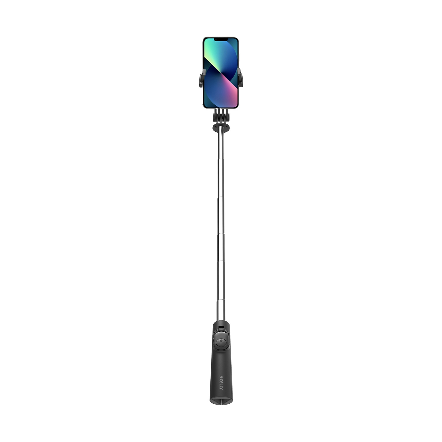 Un selfie stick nero con uno smartphone montato nel supporto.