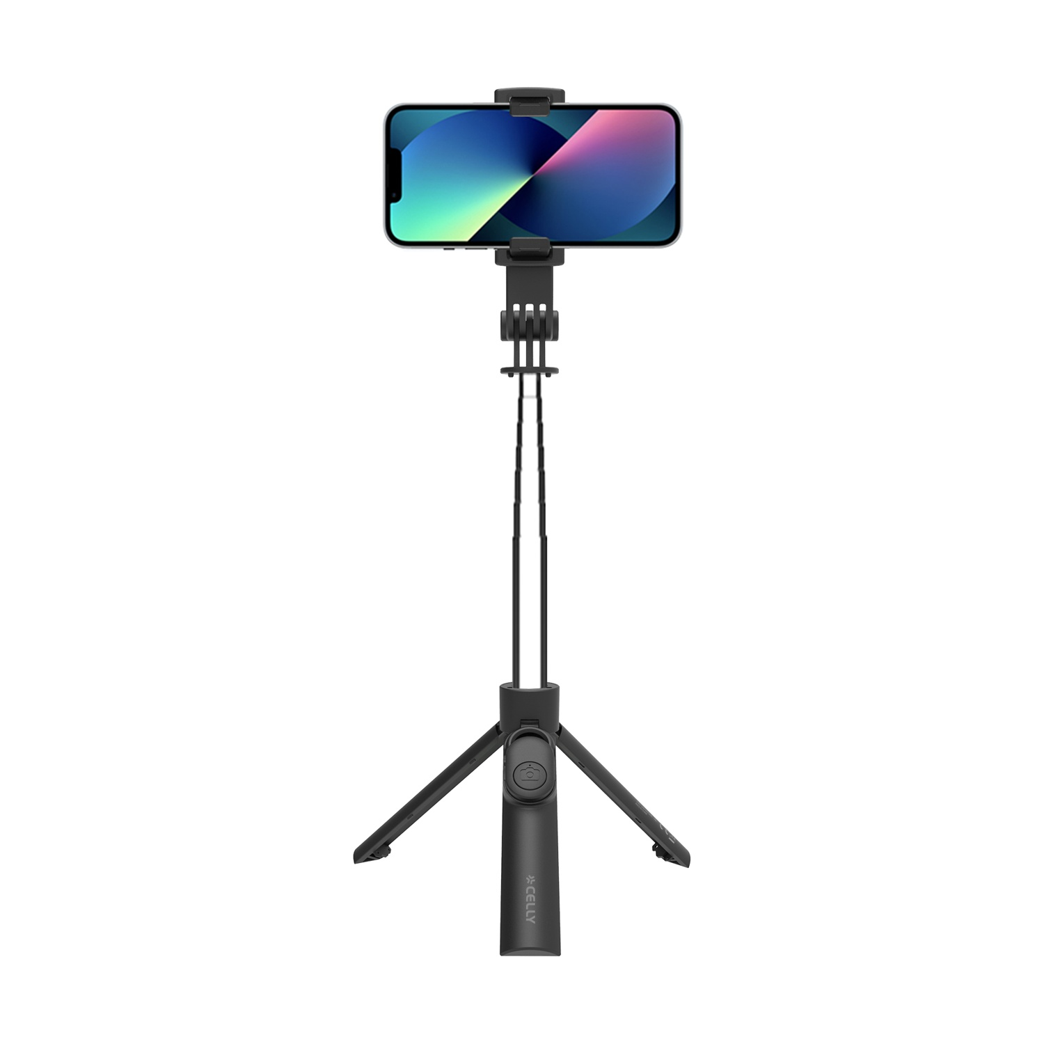 Uno smartphone su un selfie stick nero con base treppiede aperta.