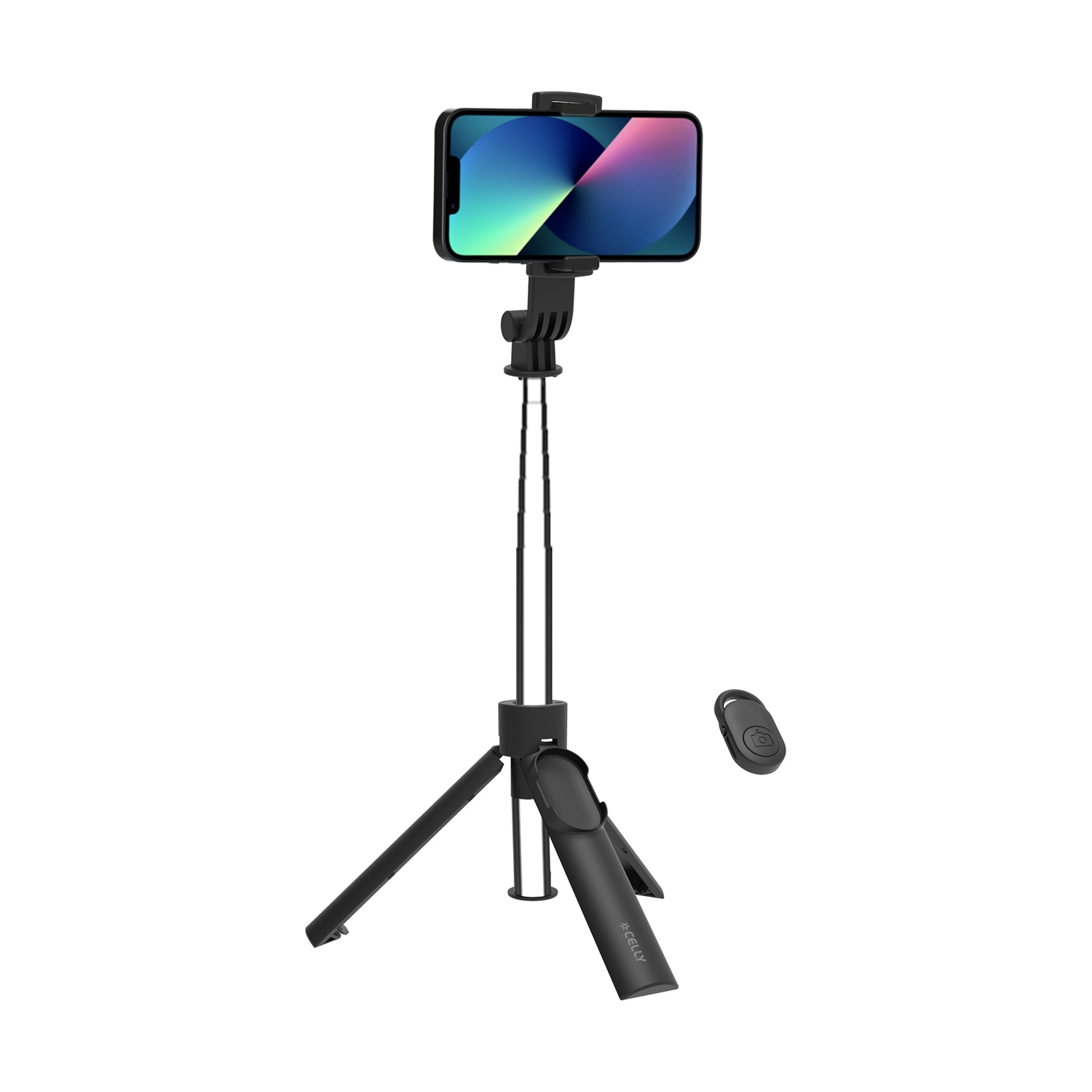 Un selfie stick nero con smartphone e telecomando.
