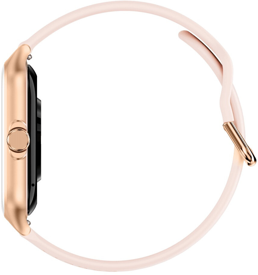 Złoty smartwatch z różową bransoletą pokazany z boku.