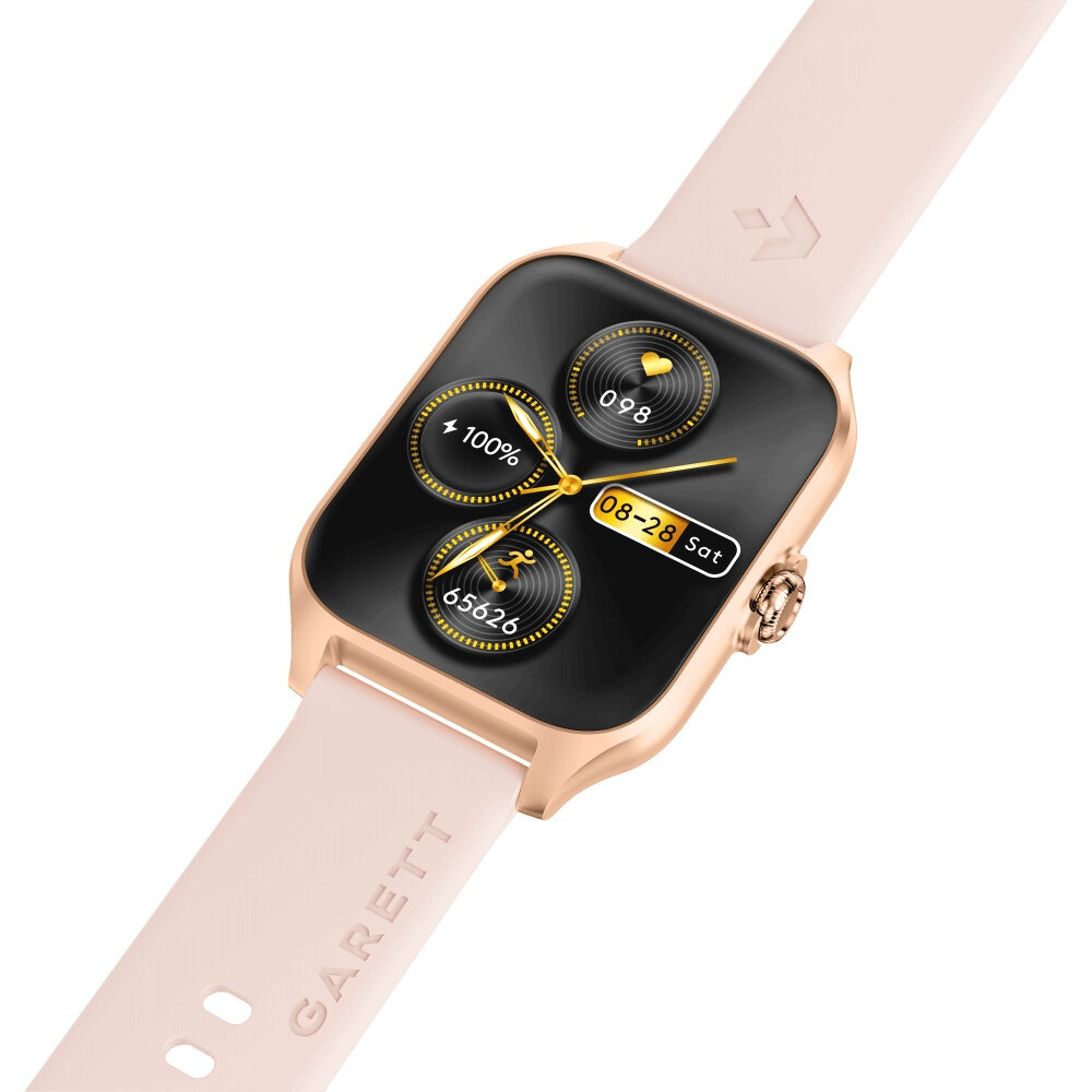 Smartwatch w kolorze różowego złota z kwadratową tarczą pokazującą 100% baterii, tętno, kroki, datę.