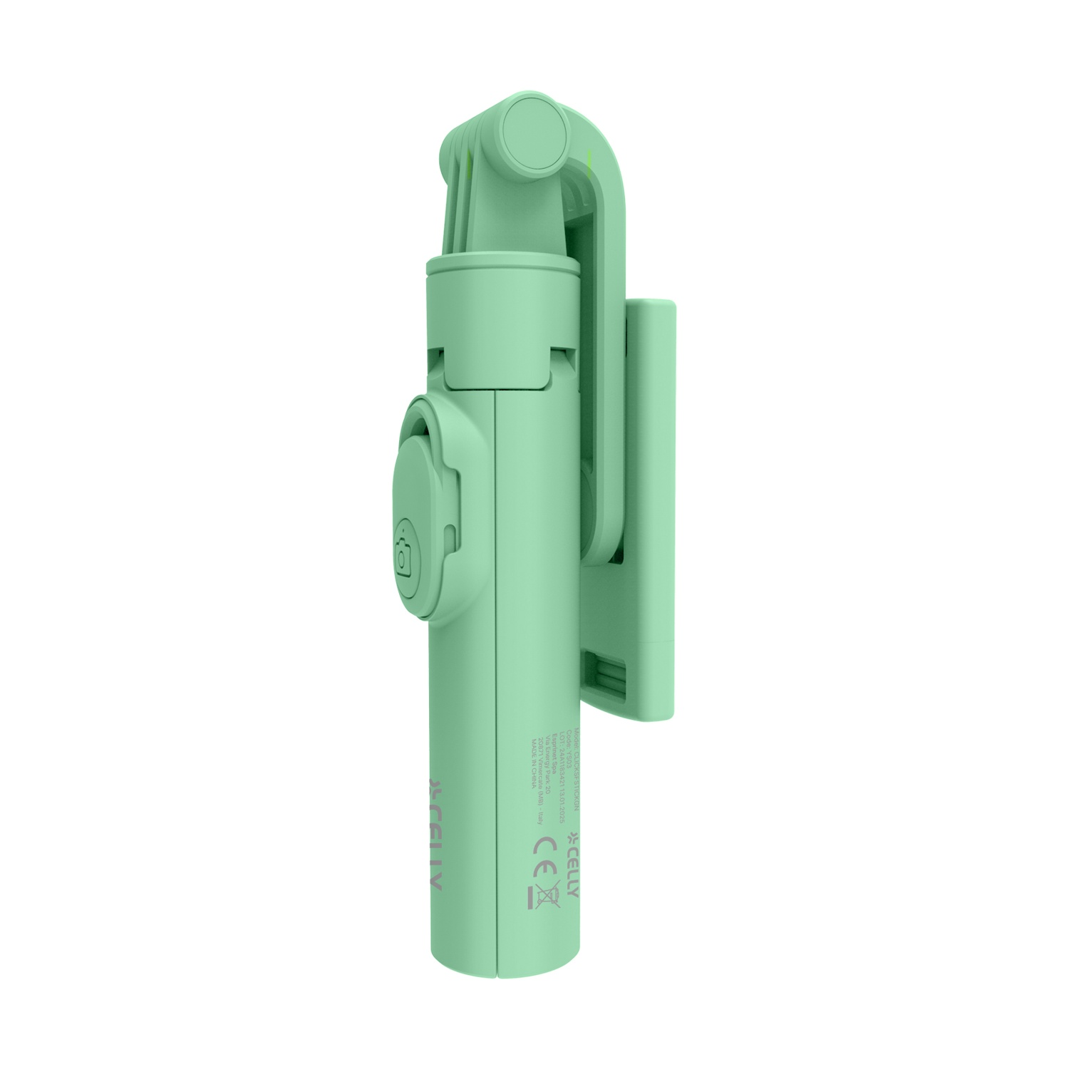 Un selfie stick verde chiaro con supporto per fotocamera e marchio.