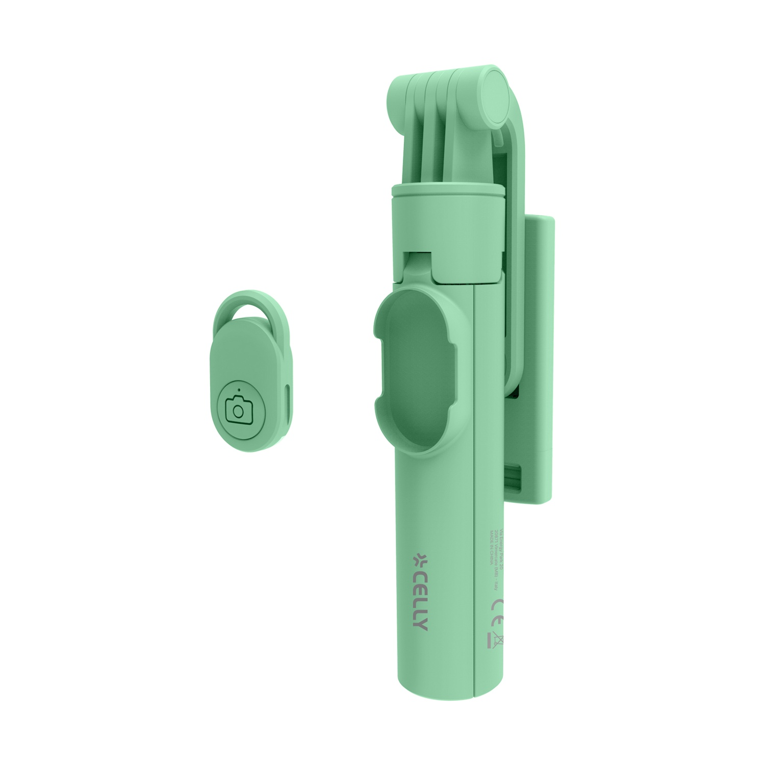 Un selfie stick verde chiaro con telecomando, su sfondo bianco.