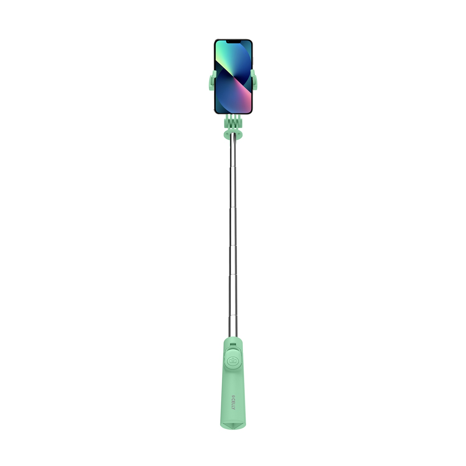 Un selfie stick verde che tiene uno smartphone con schermo colorato.