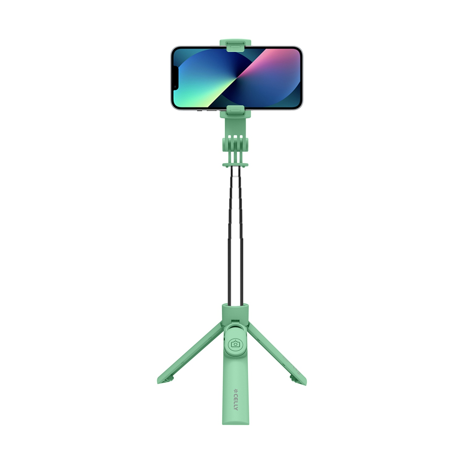 Un selfie stick verde che tiene uno smartphone, posizionato su un treppiede.