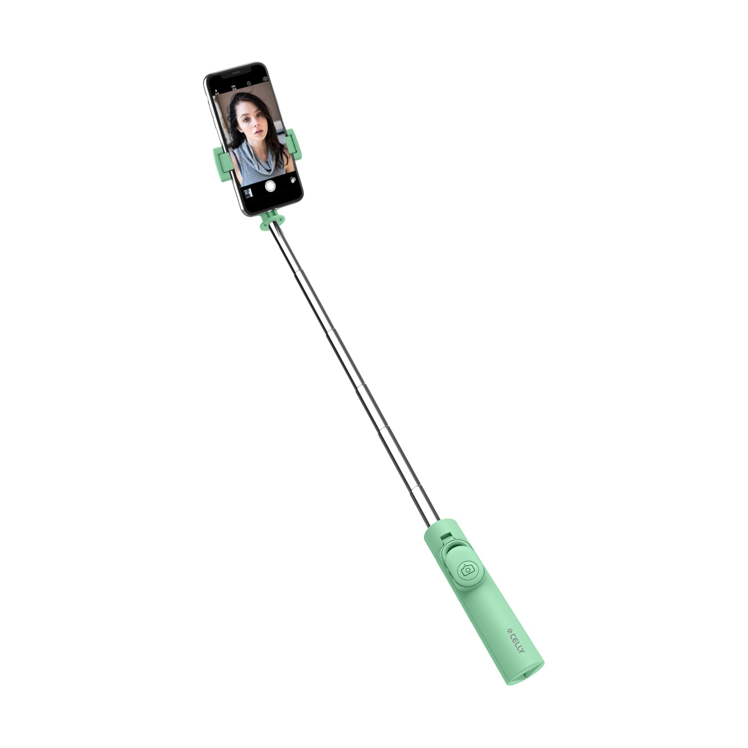 Un selfie stick verde che tiene uno smartphone con un ritratto.