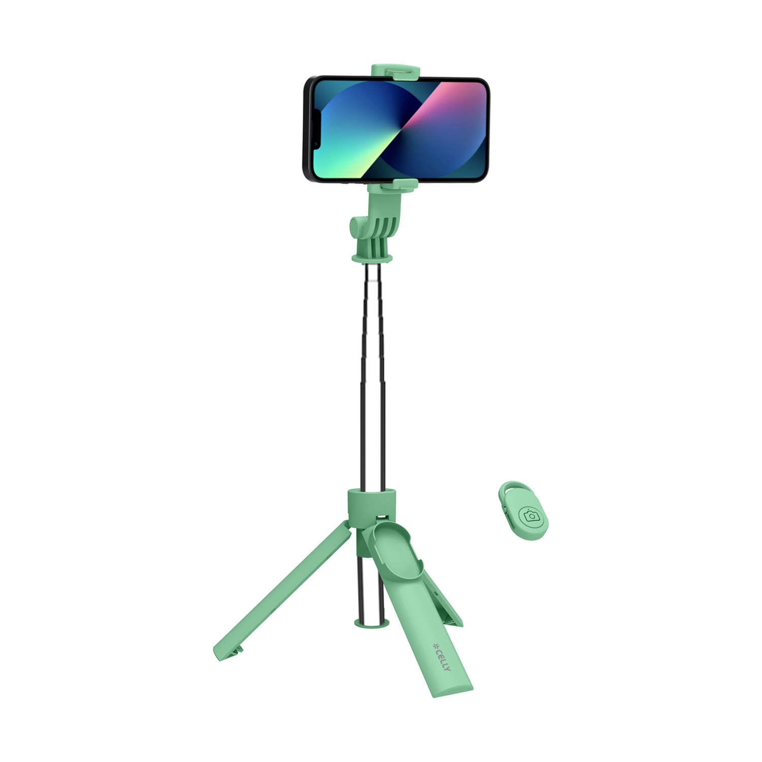Un selfie stick verde con treppiede retrattile, supporto per telefono e telecomando.