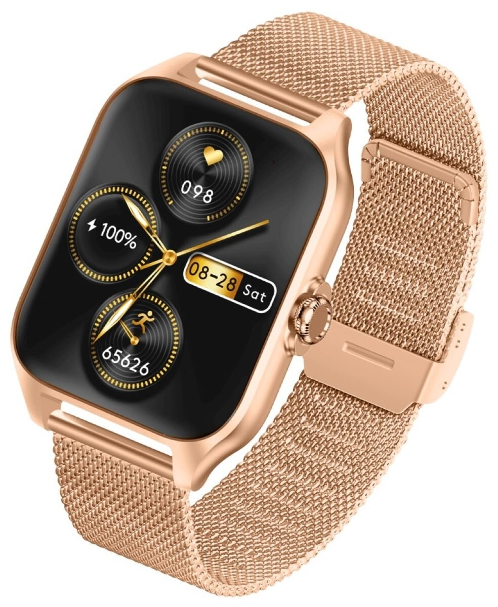 Różowo-złoty smartwatch z czarnym wyświetlaczem pokazującym godzinę, datę i statystyki.
