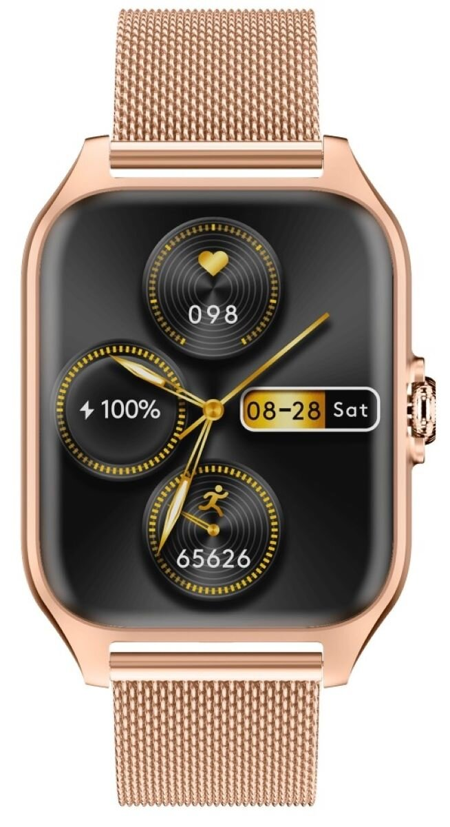 Smartwatch w kolorze różowego złota z czarnym ekranem pokazującym tętno, baterię, kroki i datę.