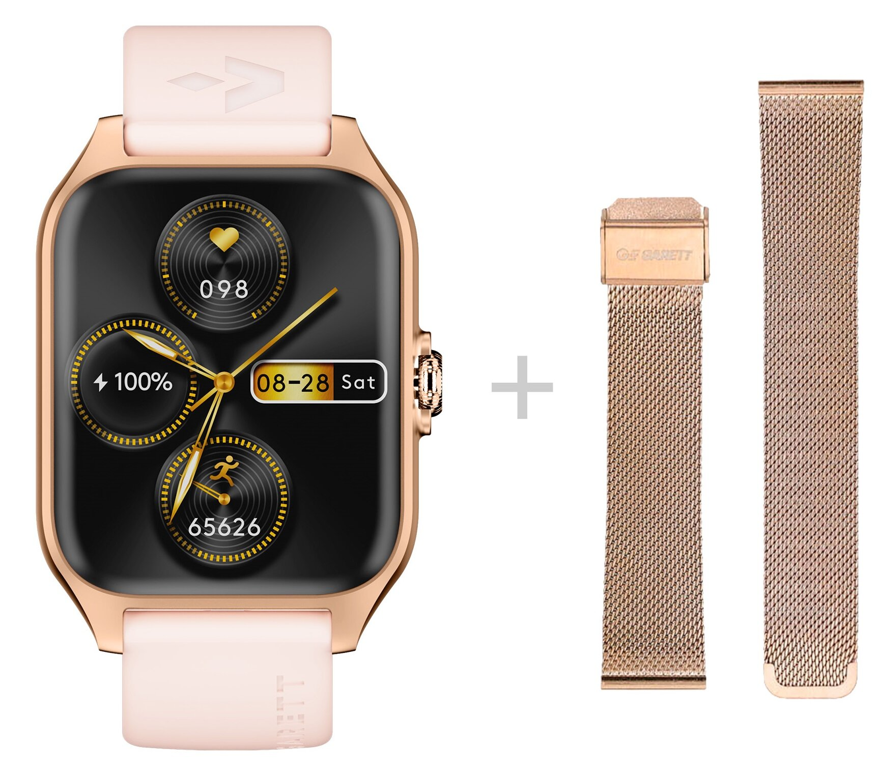 Różowo-złoty smartwatch z jasnoróżową opaską i dwoma metalowymi.