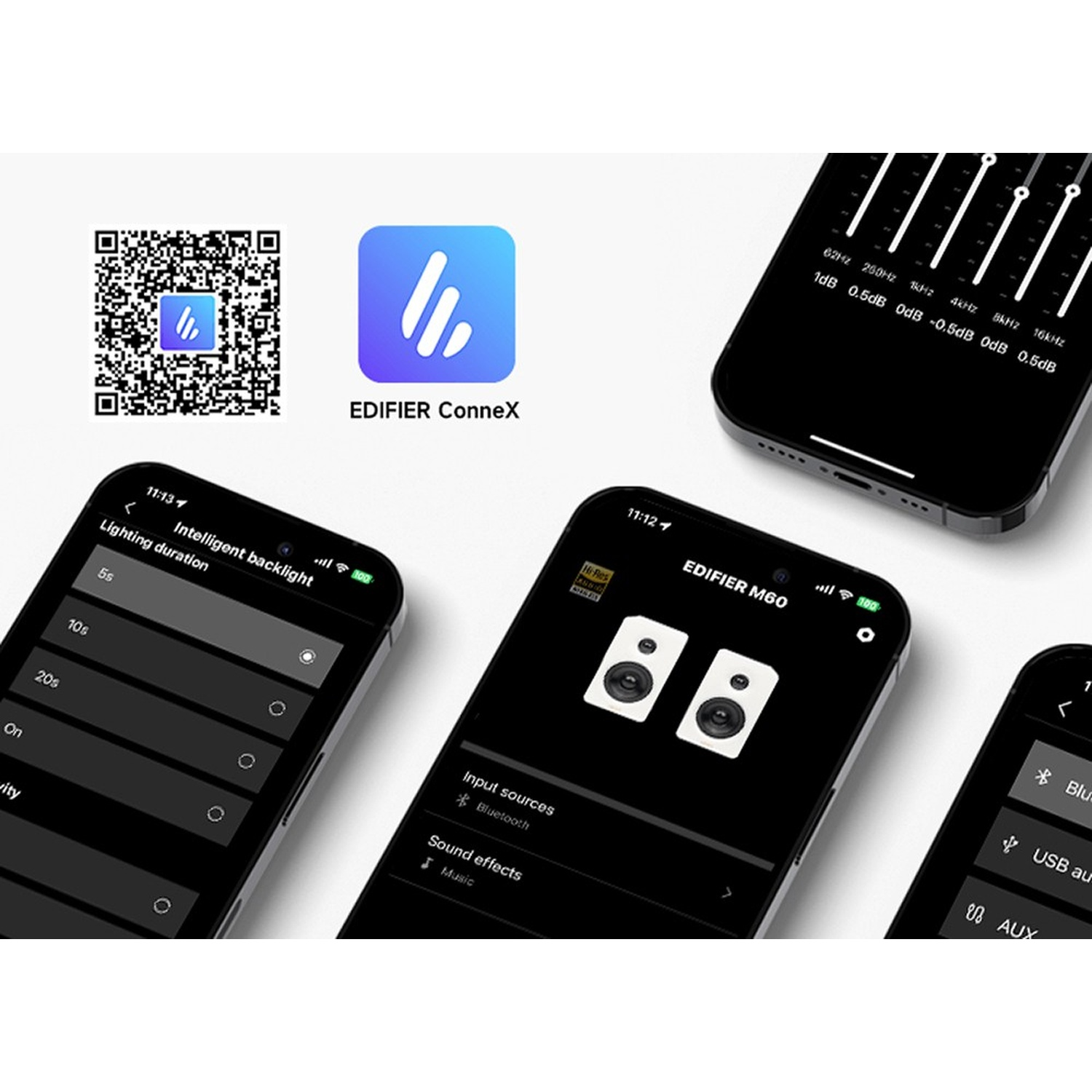 Tre smartphone mostrano l'app EDIFIER ConneX con impostazioni EQ e altoparlanti.