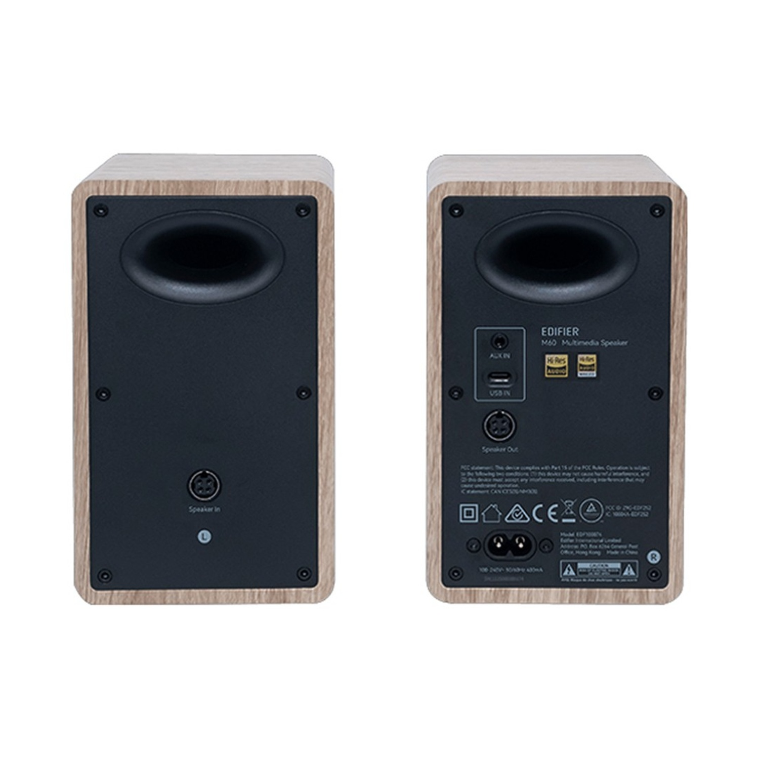 Retro di due altoparlanti in legno con connessioni.