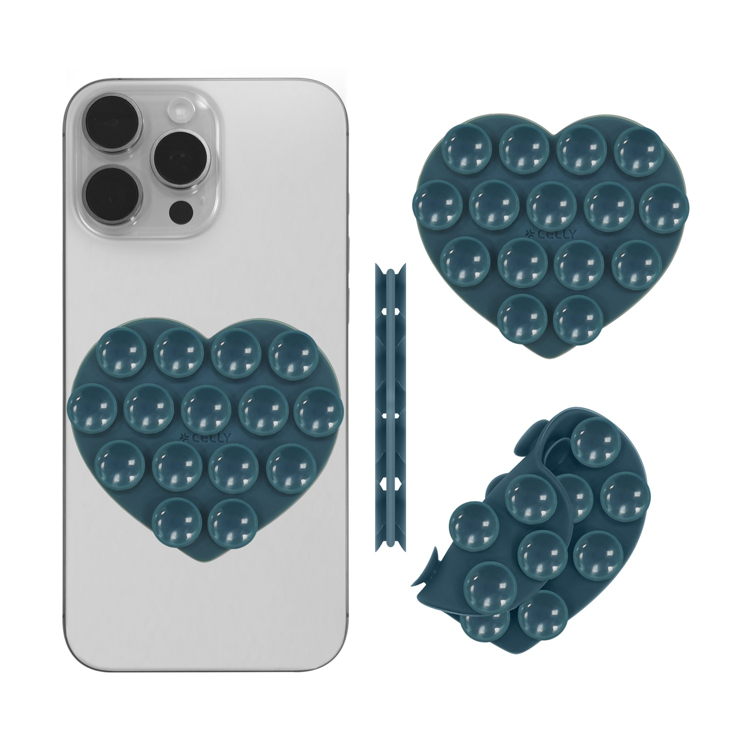 Un porta pop-it a forma di cuore in verde acqua scuro su smartphone.