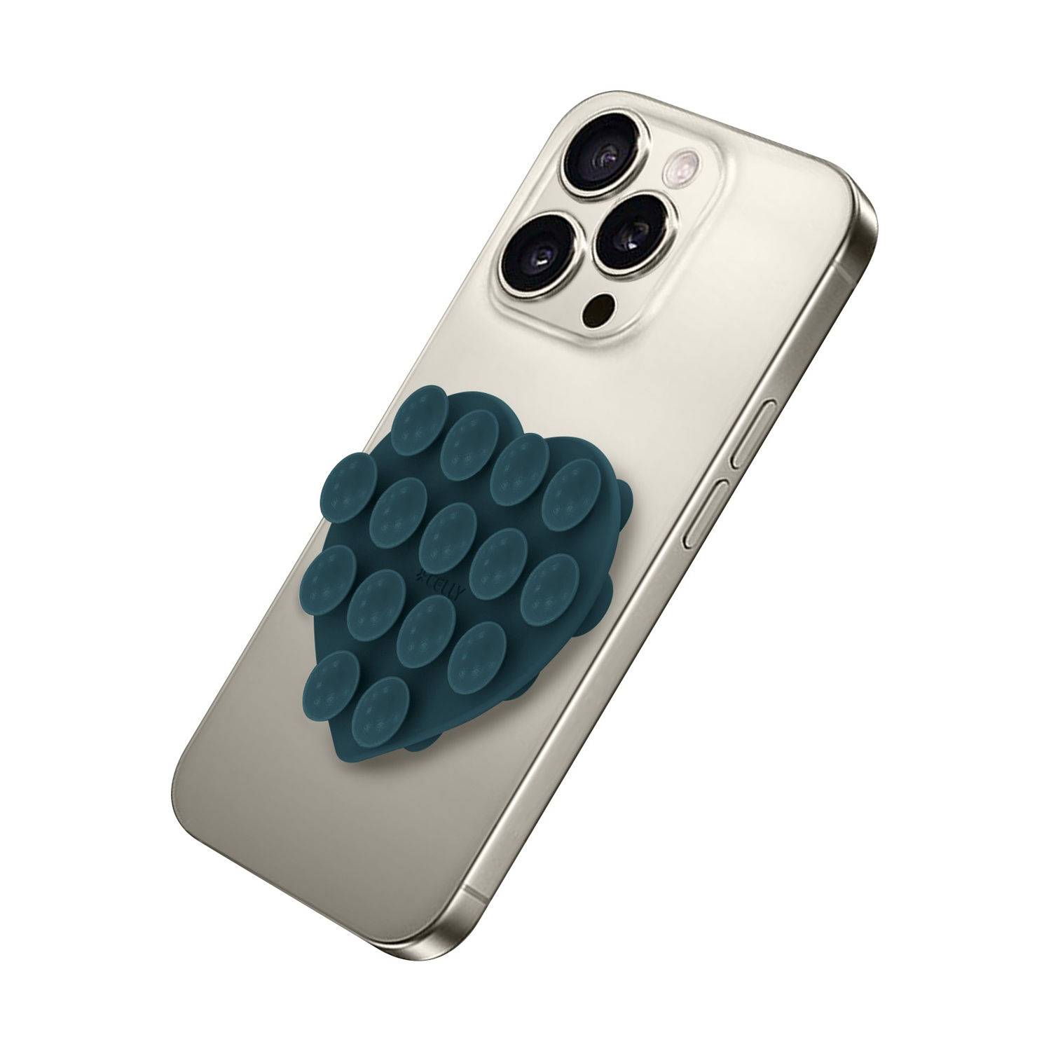 Un supporto a ventosa a forma di cuore color verde acqua è attaccato al retro di un iPhone argentato.