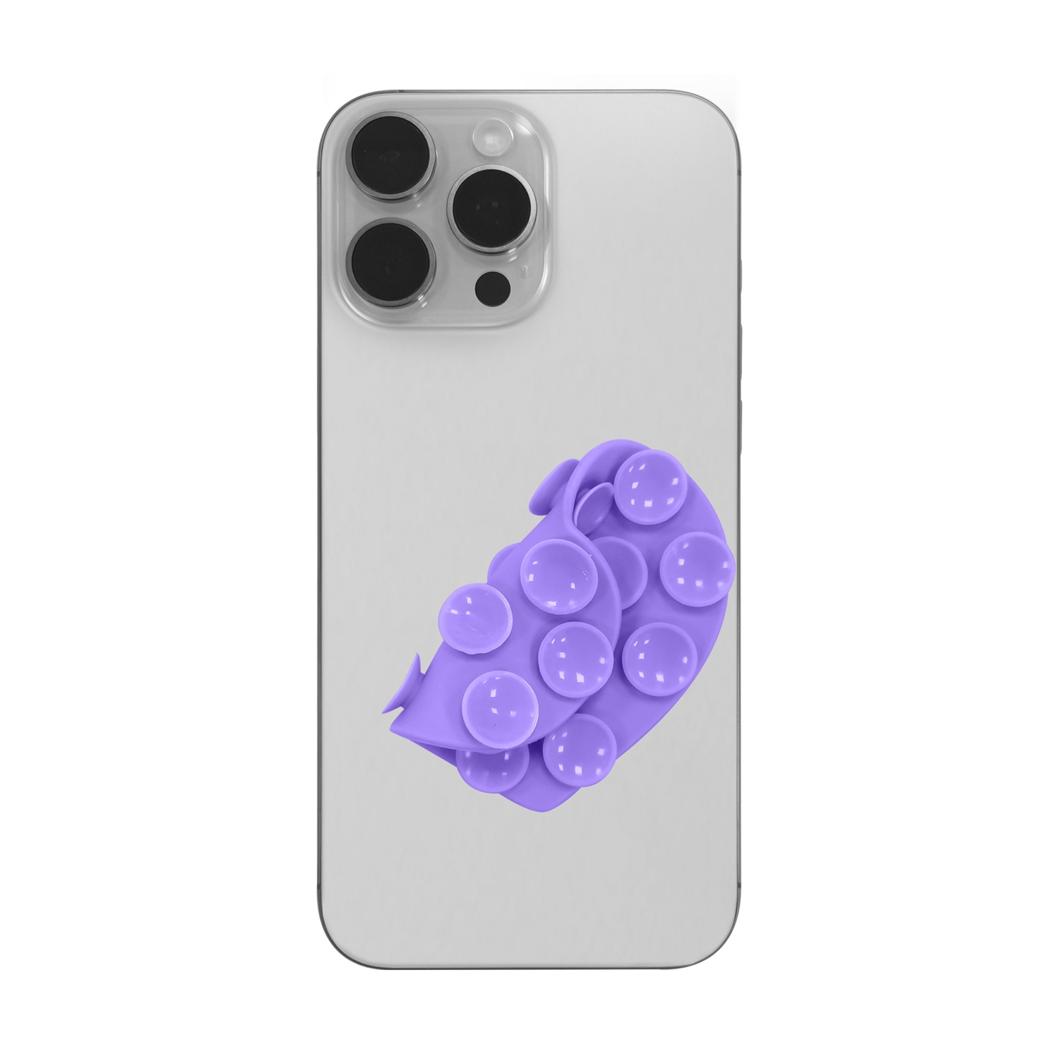 Un accessorio viola a forma di polpo con ventose attaccato al retro di uno smartphone argentato.