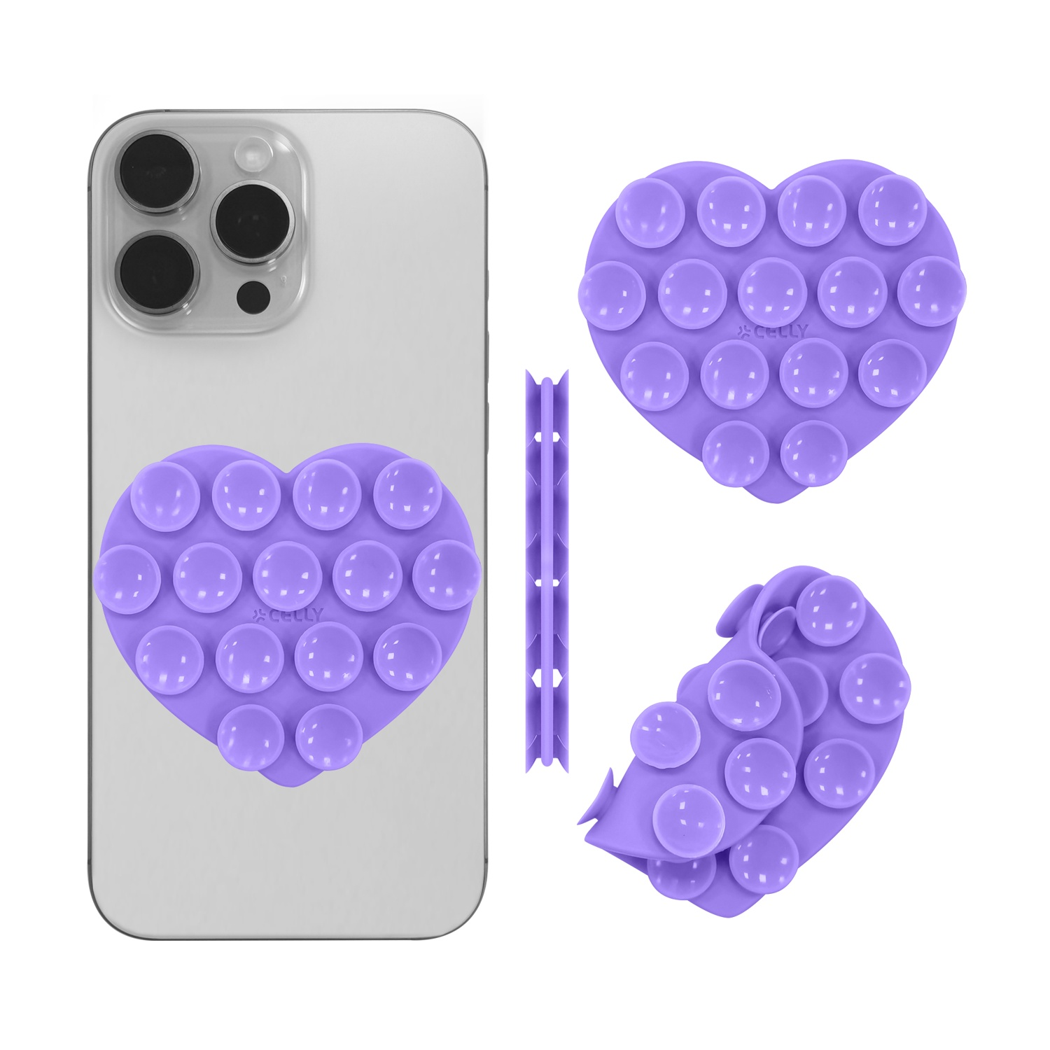 Un supporto per telefono viola a forma di cuore con ventose.