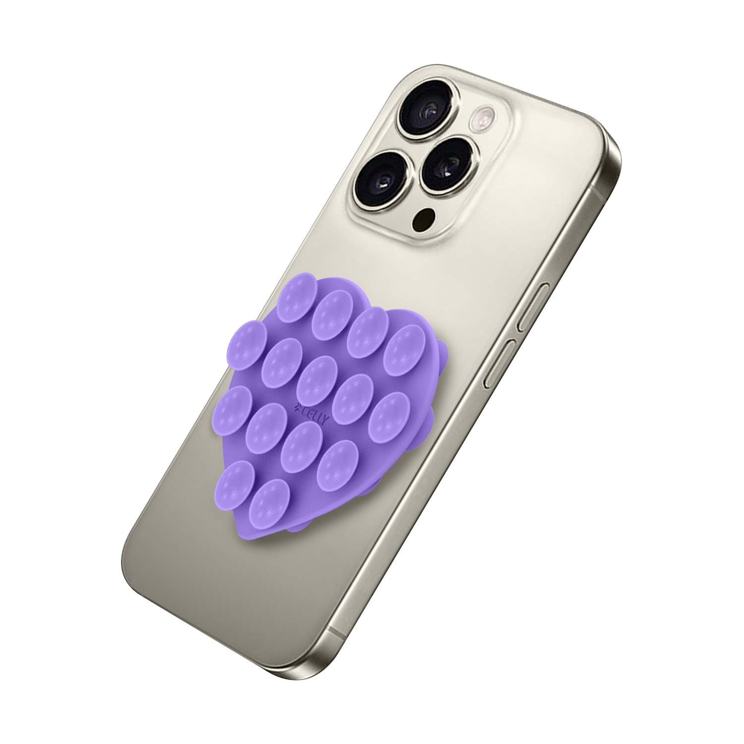 Supporto viola a ventosa a forma di cuore sul retro di uno smartphone argentato.