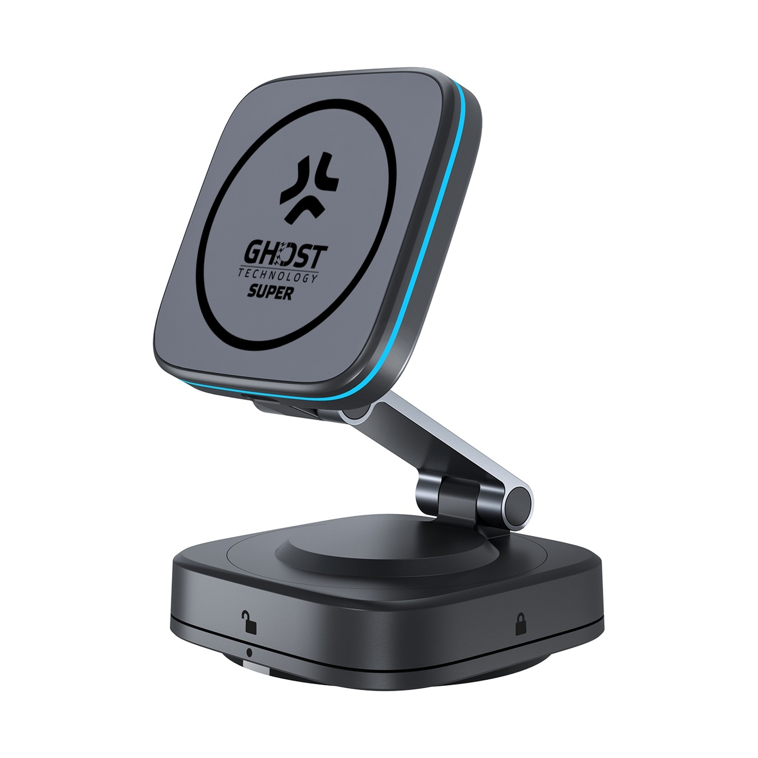 Un supporto magnetico grigio per telefono con bordo blu poggia su una base nera.