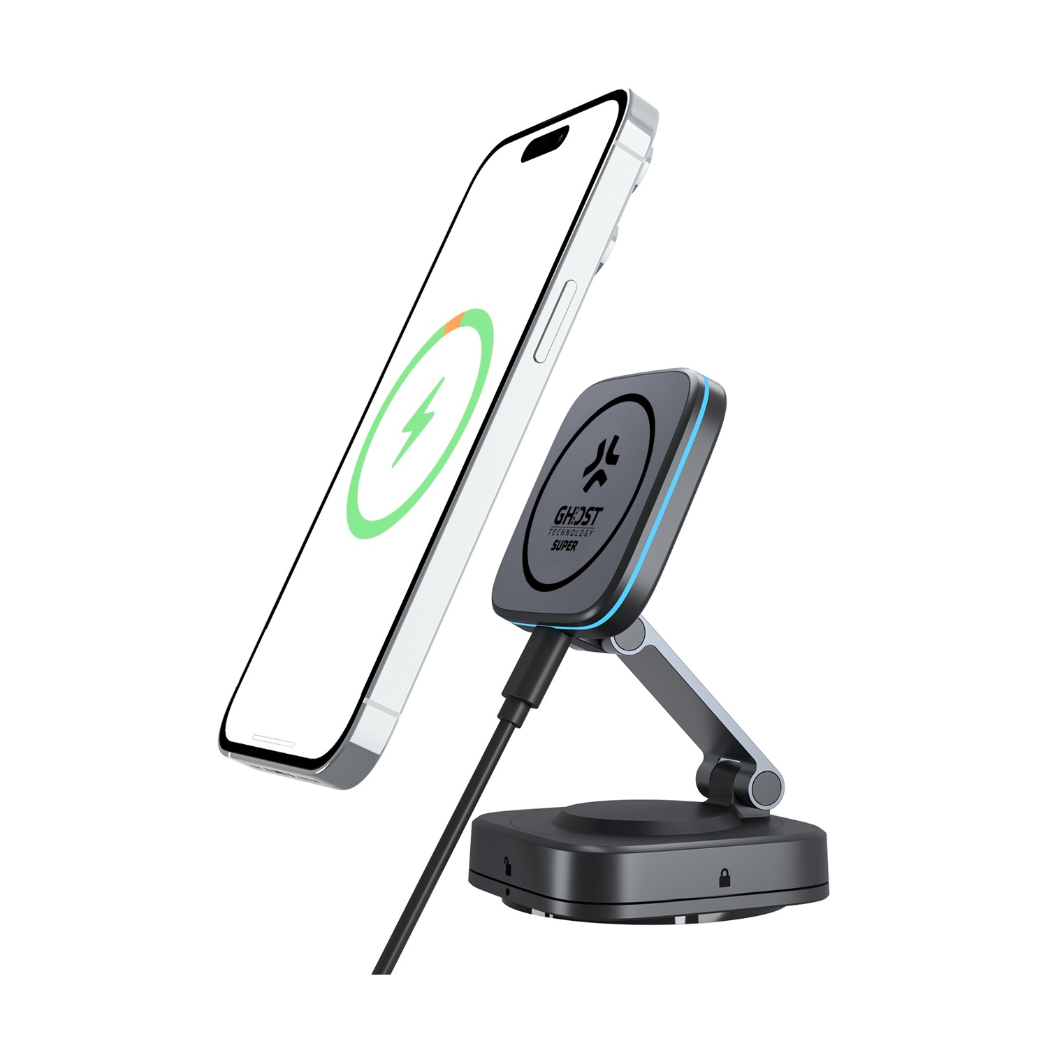 Uno smartphone si ricarica in modalità wireless su un supporto magnetico nero con accento di luce blu.