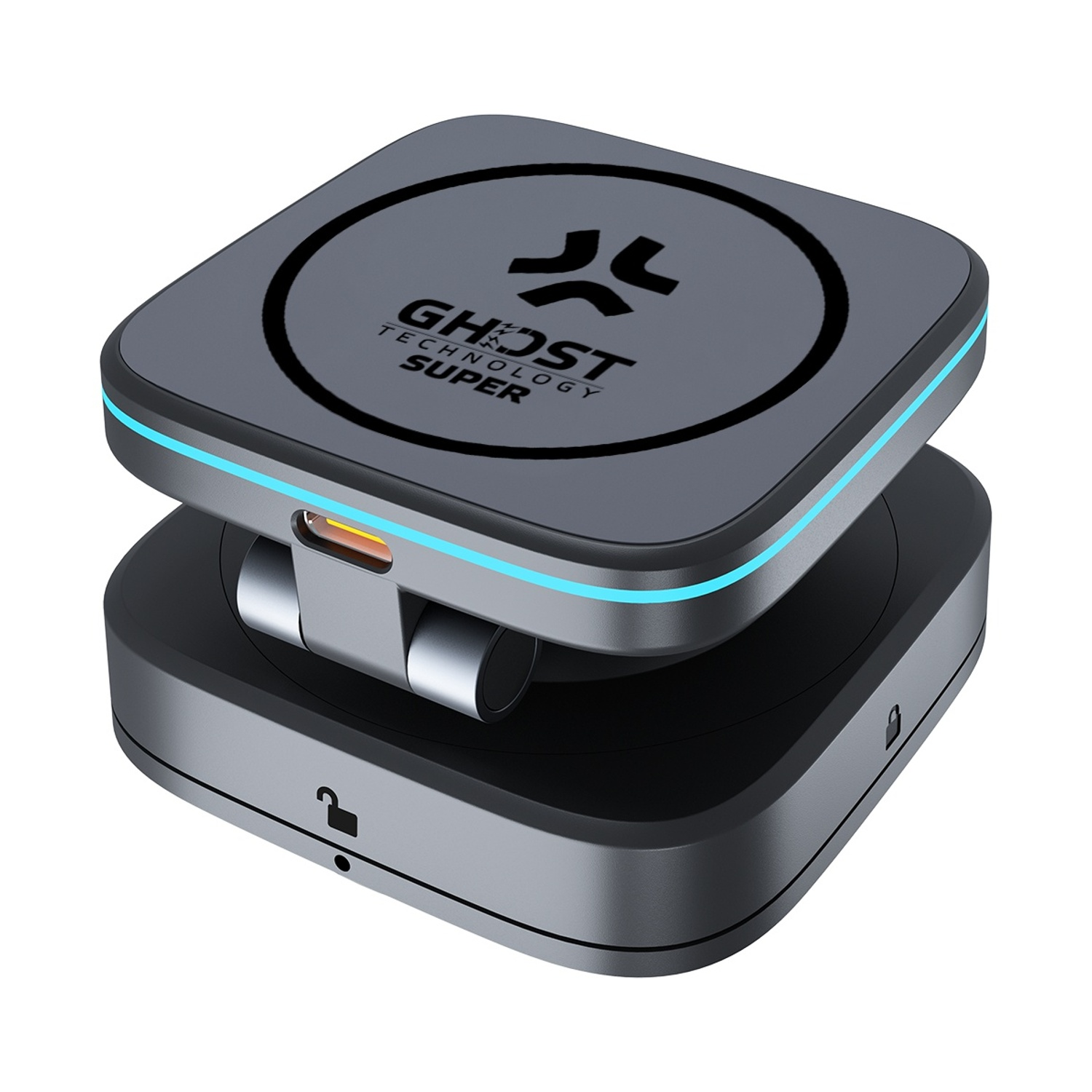 Adattatore di ricarica wireless grigio con striscia luminosa blu e logo.