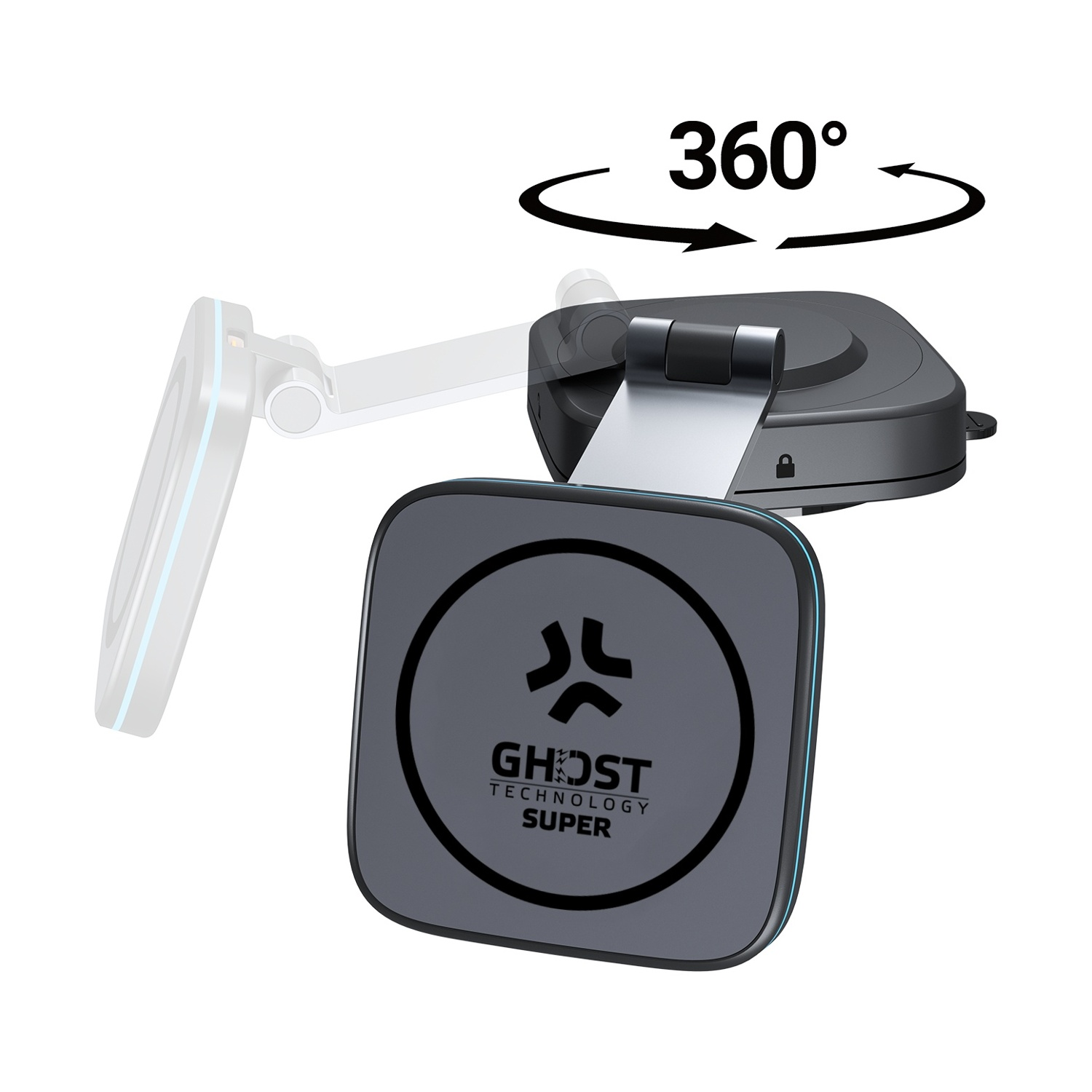 Un supporto scuro per smartphone con simbolo di rotazione 360°.