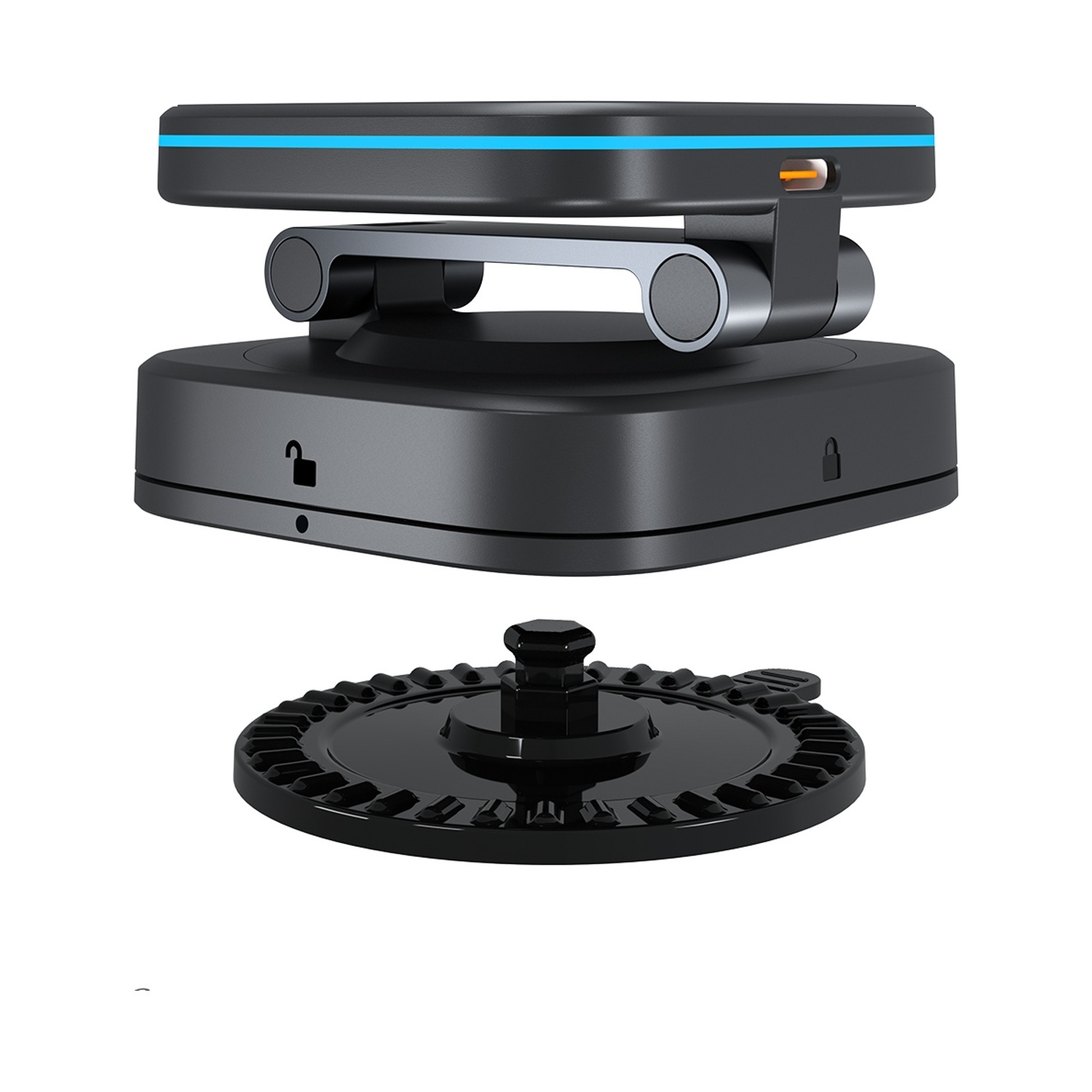 Supporto regolabile nero con striscia blu e base separata su sfondo bianco.