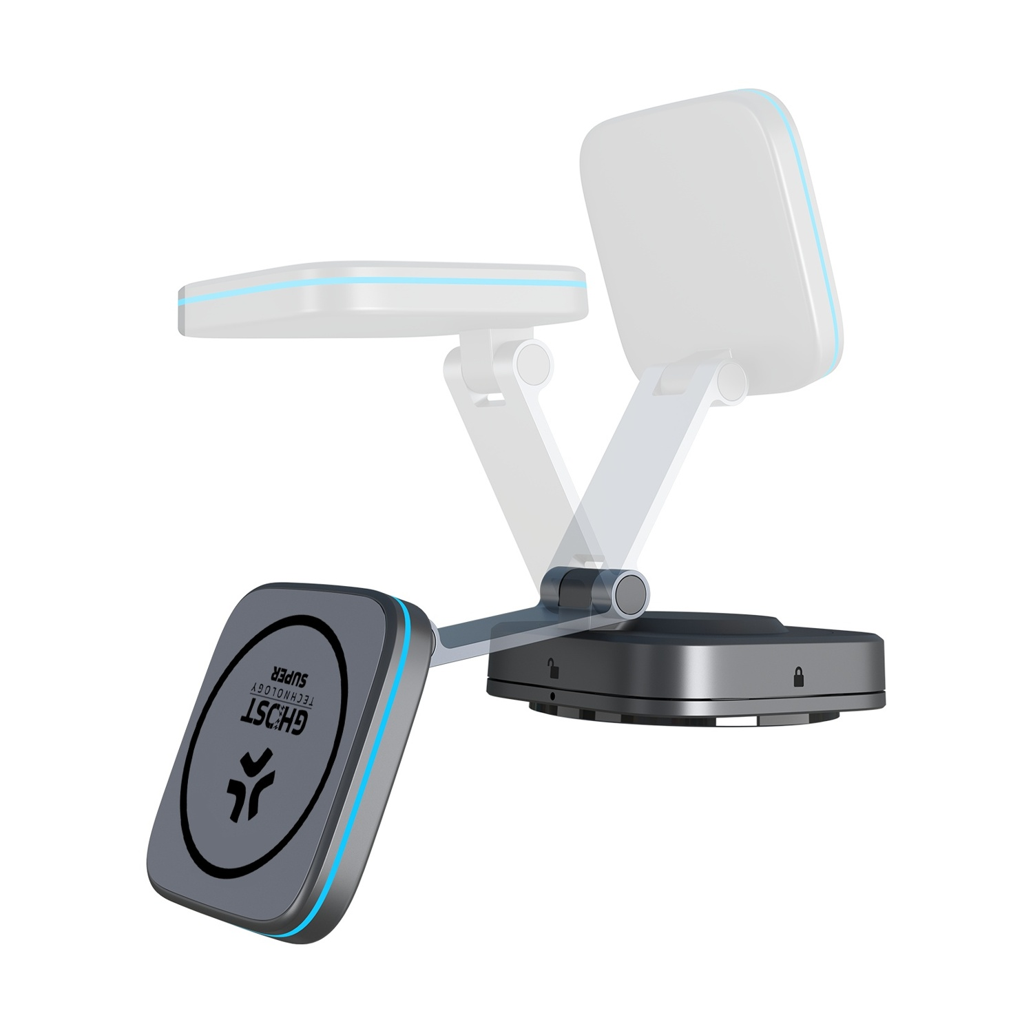 Caricatore grigio e bianco con bordi illuminati di blu, su sfondo bianco.