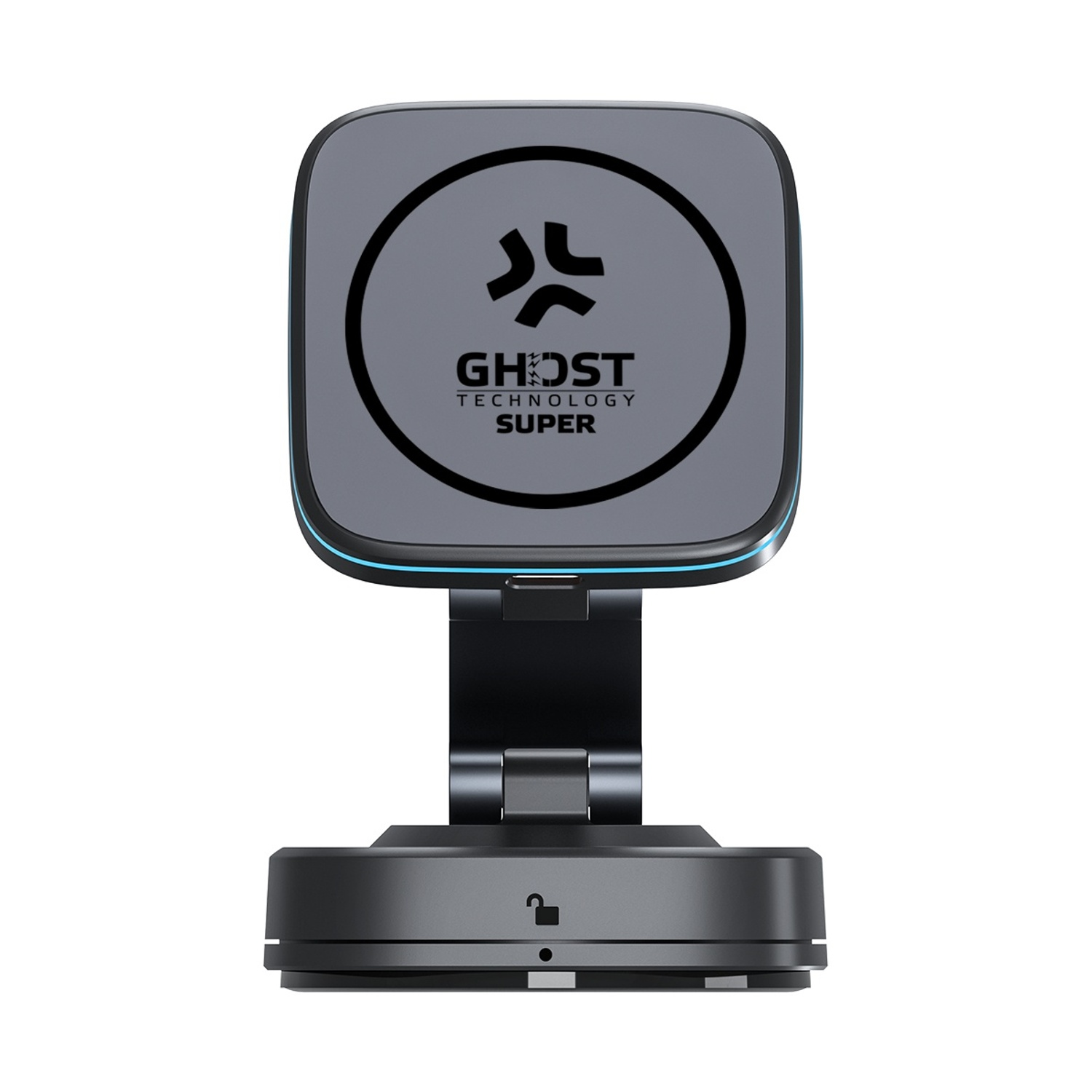 Supporto magnetico grigio per telefono con logo nero e anello luminoso blu.