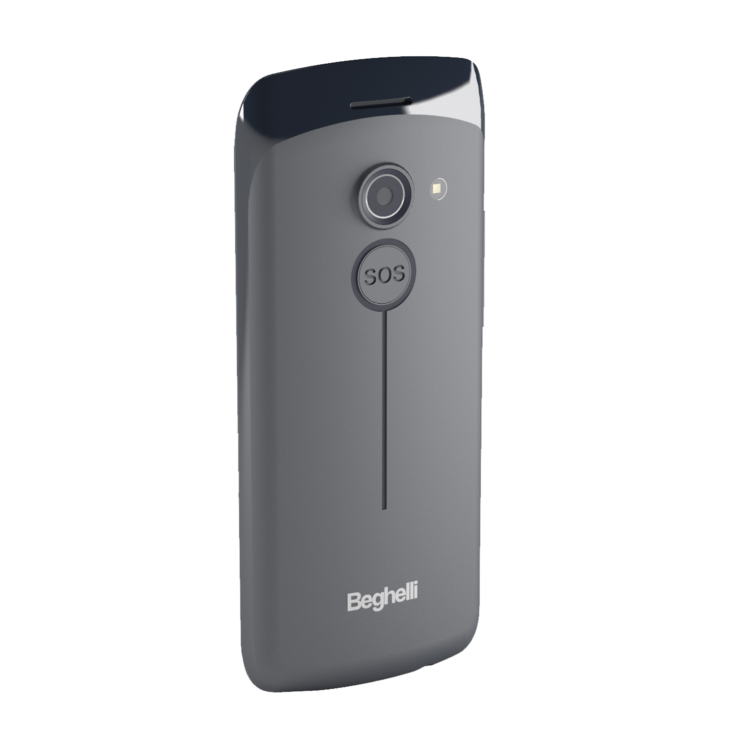 Telefono flip grigio con pulsante SOS, fotocamera e flash.