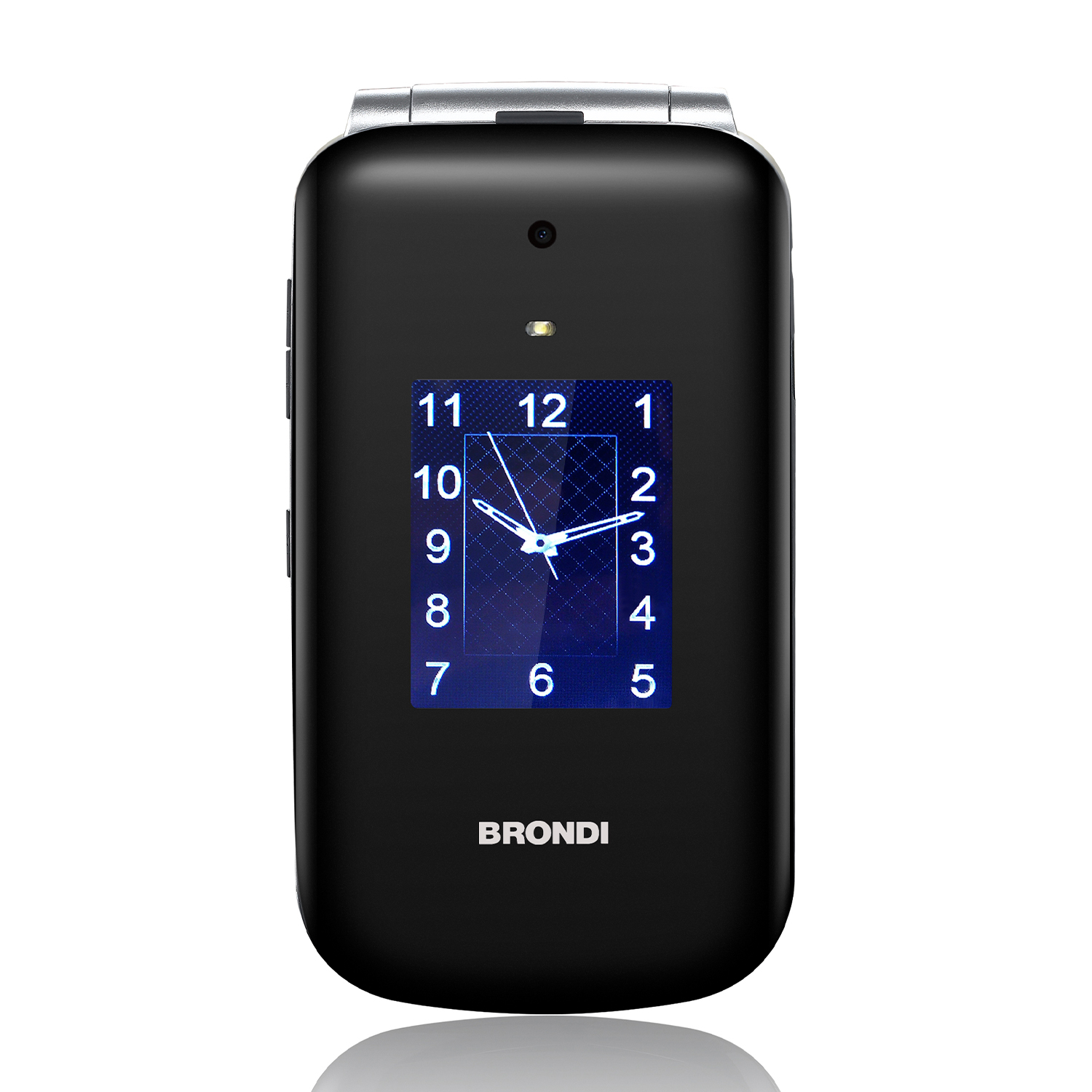 Un telefono flip nero con un orologio analogico sul suo schermo.