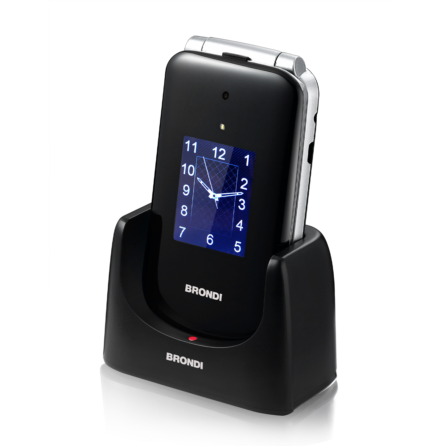 Un telefono pieghevole nero con display dell'orologio è in una base di ricarica nera.