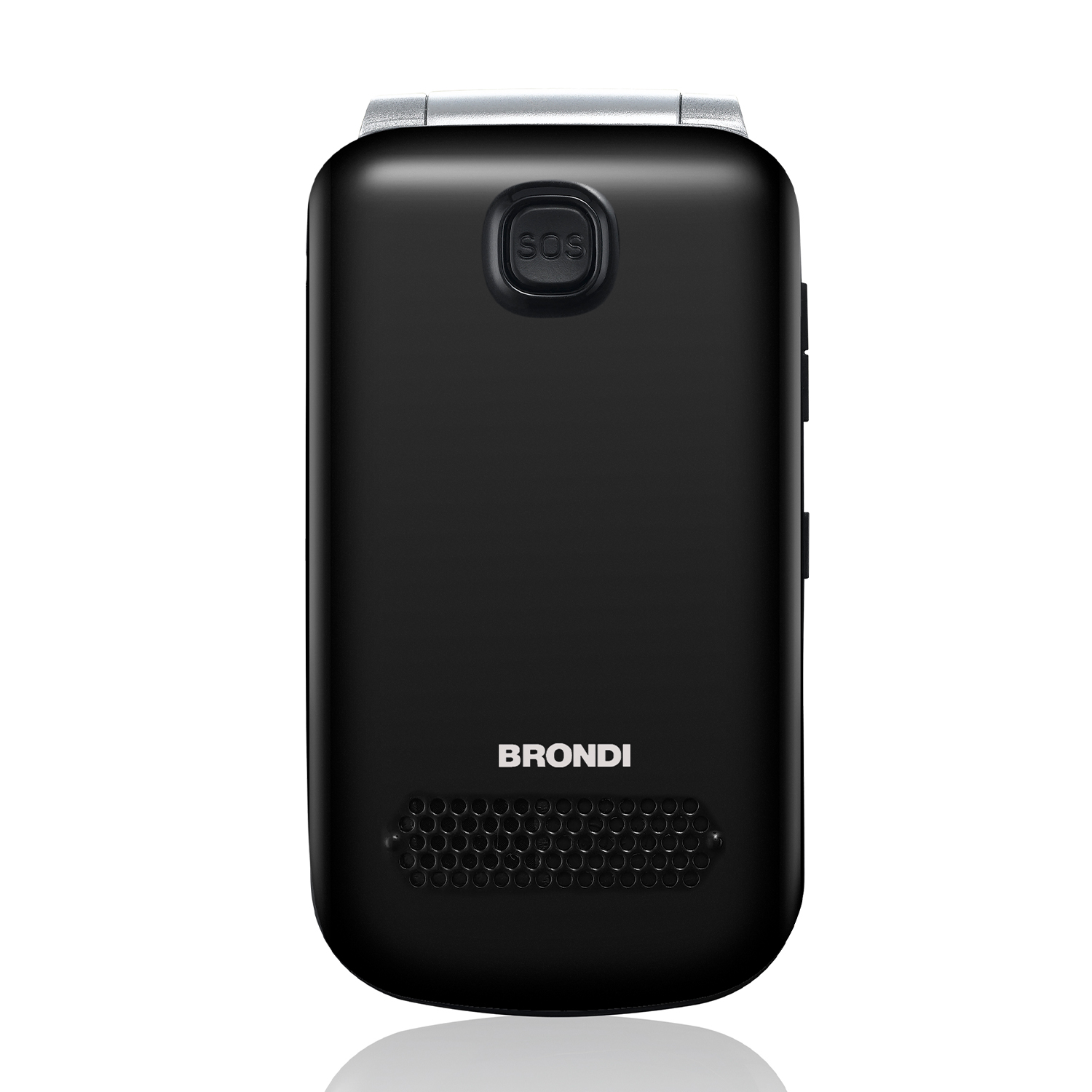 Un telefono a conchiglia Brondi nero con pulsante SOS e griglia altoparlante.