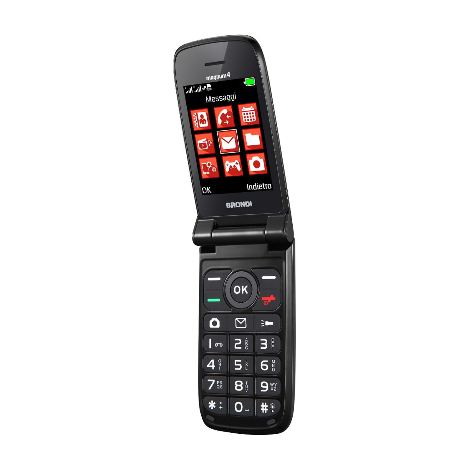 Un telefono a conchiglia Brondi Magnum 4 nero è aperto, mostra il suo schermo con icone di app e tastiera.