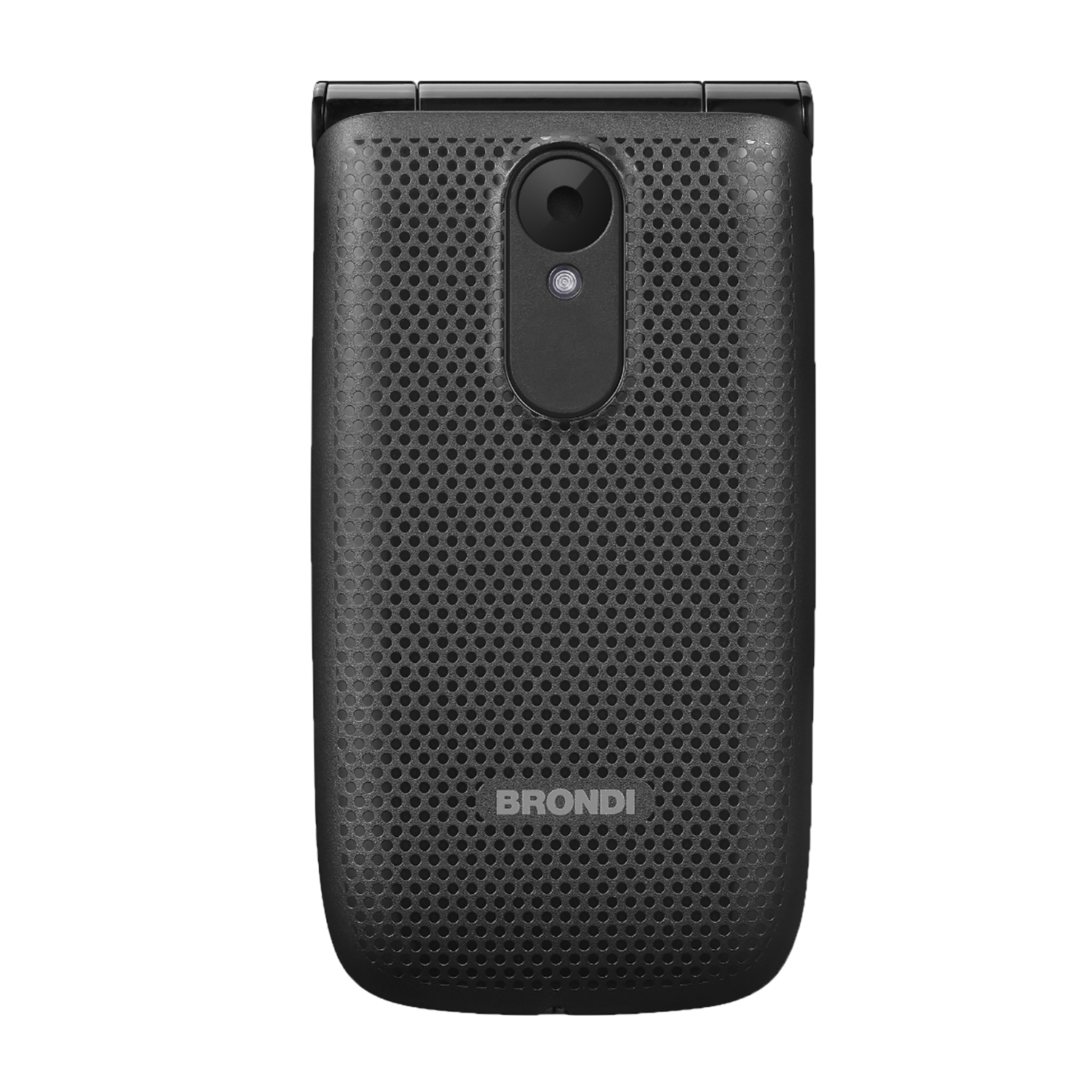 Un telefono flip nero con motivo traforato e fotocamera sul retro.