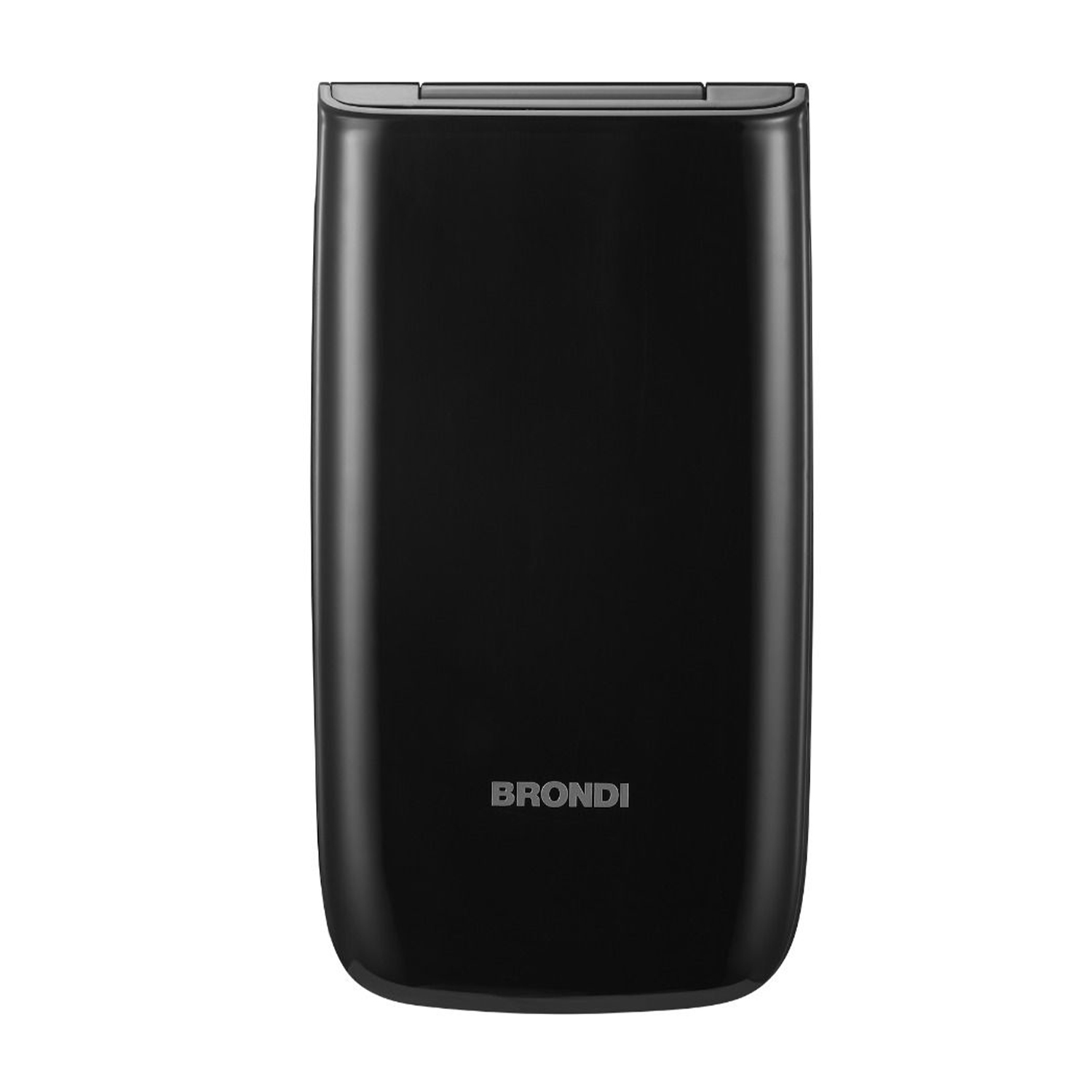 Un telefono a conchiglia nero chiuso con il nome BRONDI.