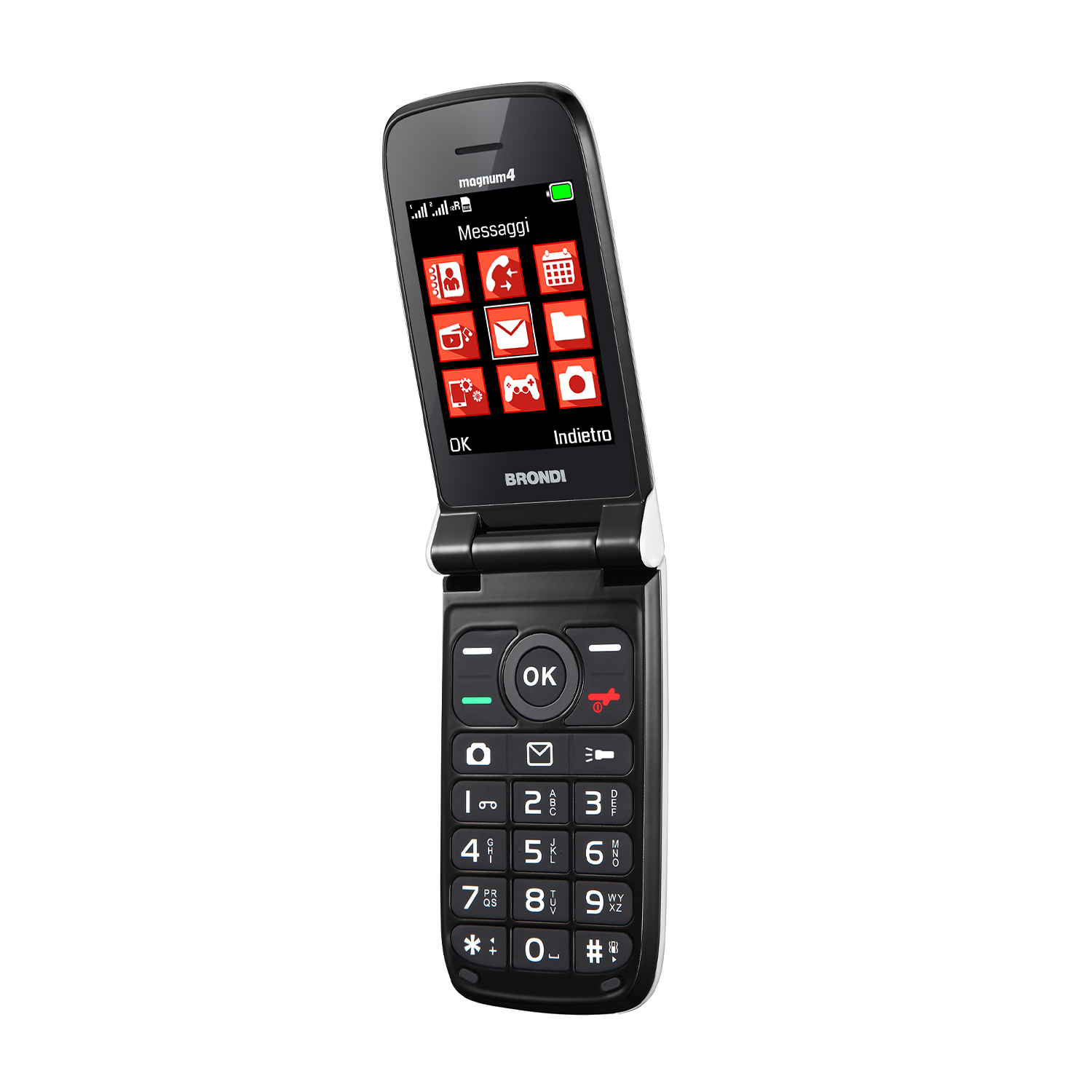 Un telefono a conchiglia nero con tastierino numerico e schermo aperto che mostra icone.