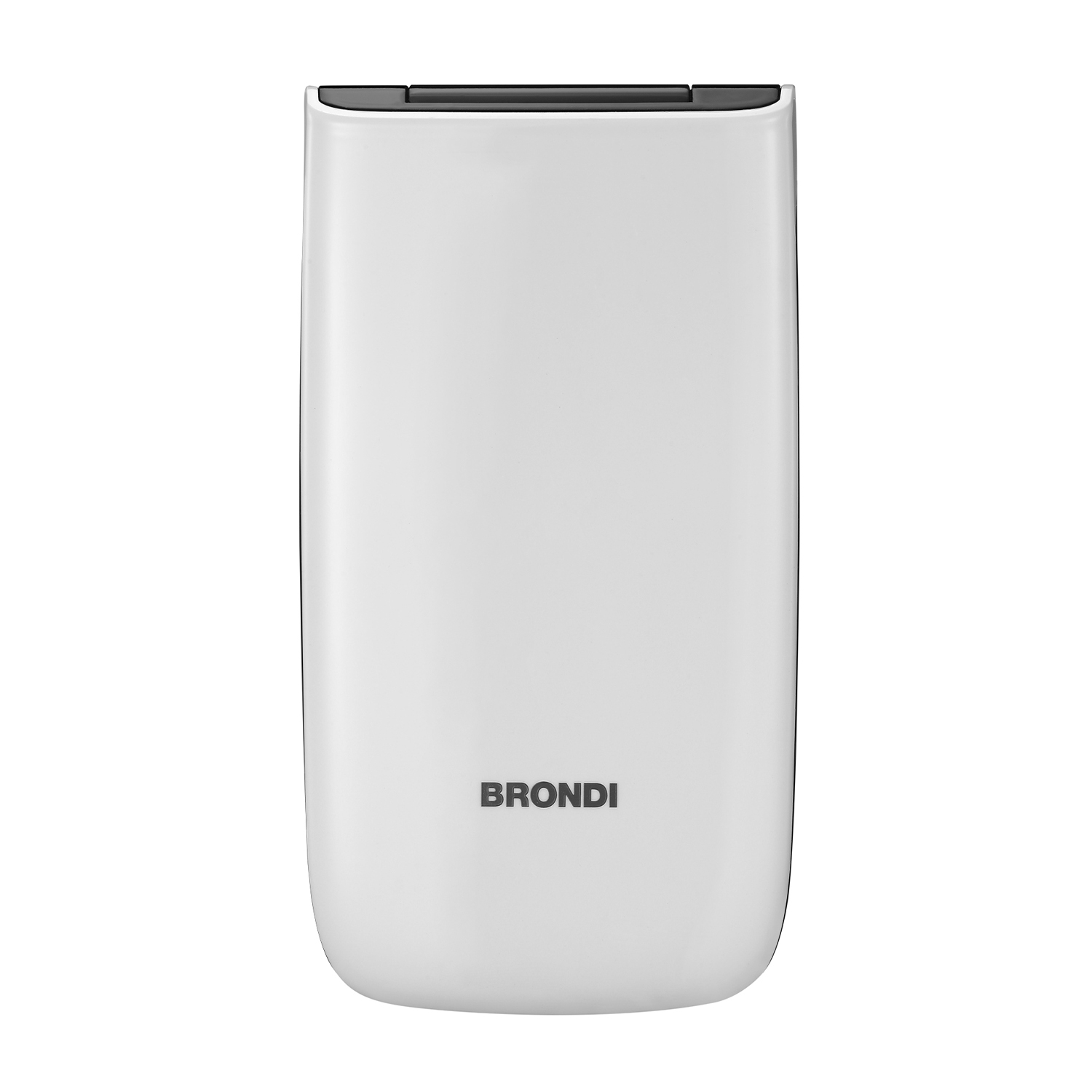 Un telefono a conchiglia bianco chiuso con il logo Brondi sul davanti.