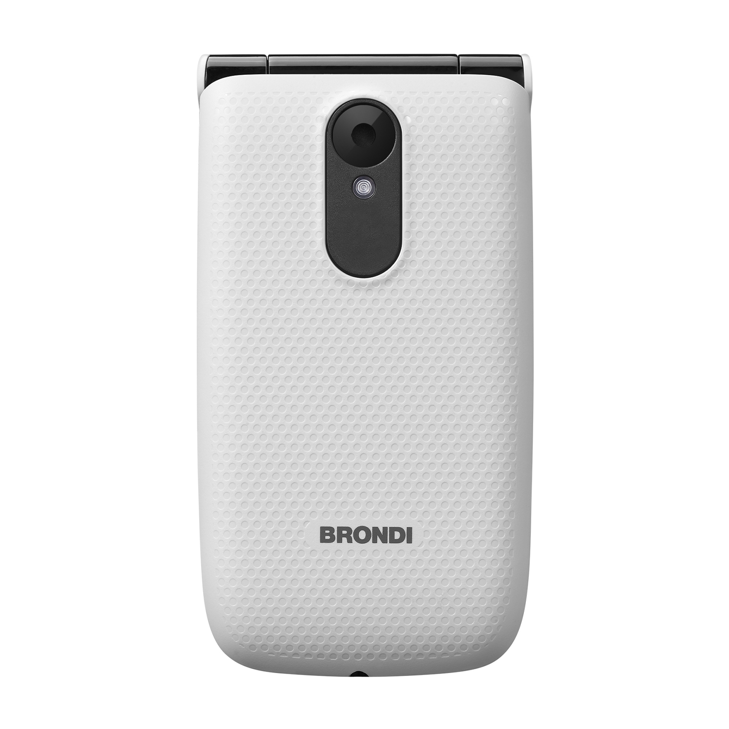 Un telefono a conchiglia bianco con modulo fotocamera nero e logo Brondi.