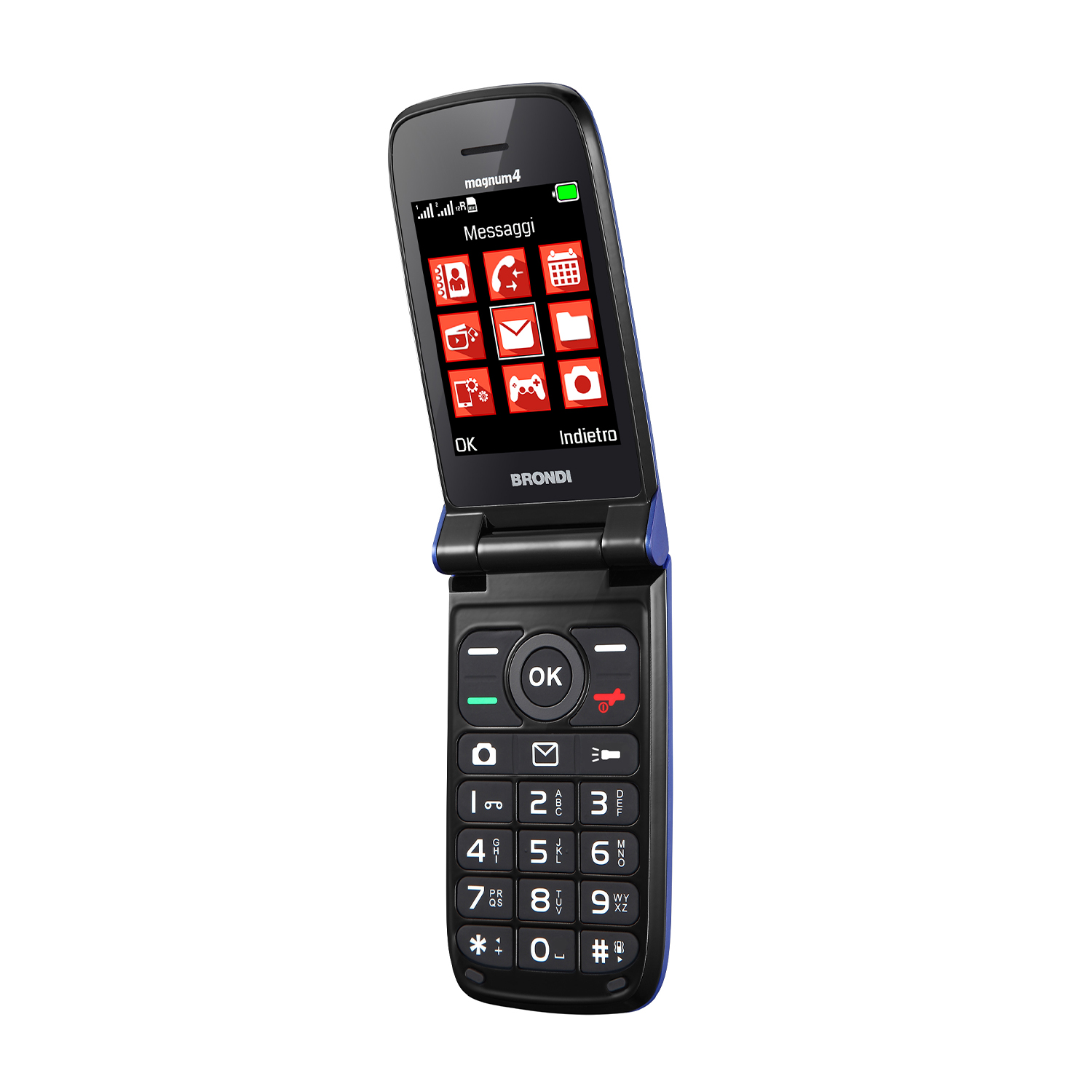 Un telefono a conchiglia nero aperto con accenti blu. Lo schermo mostra icone.