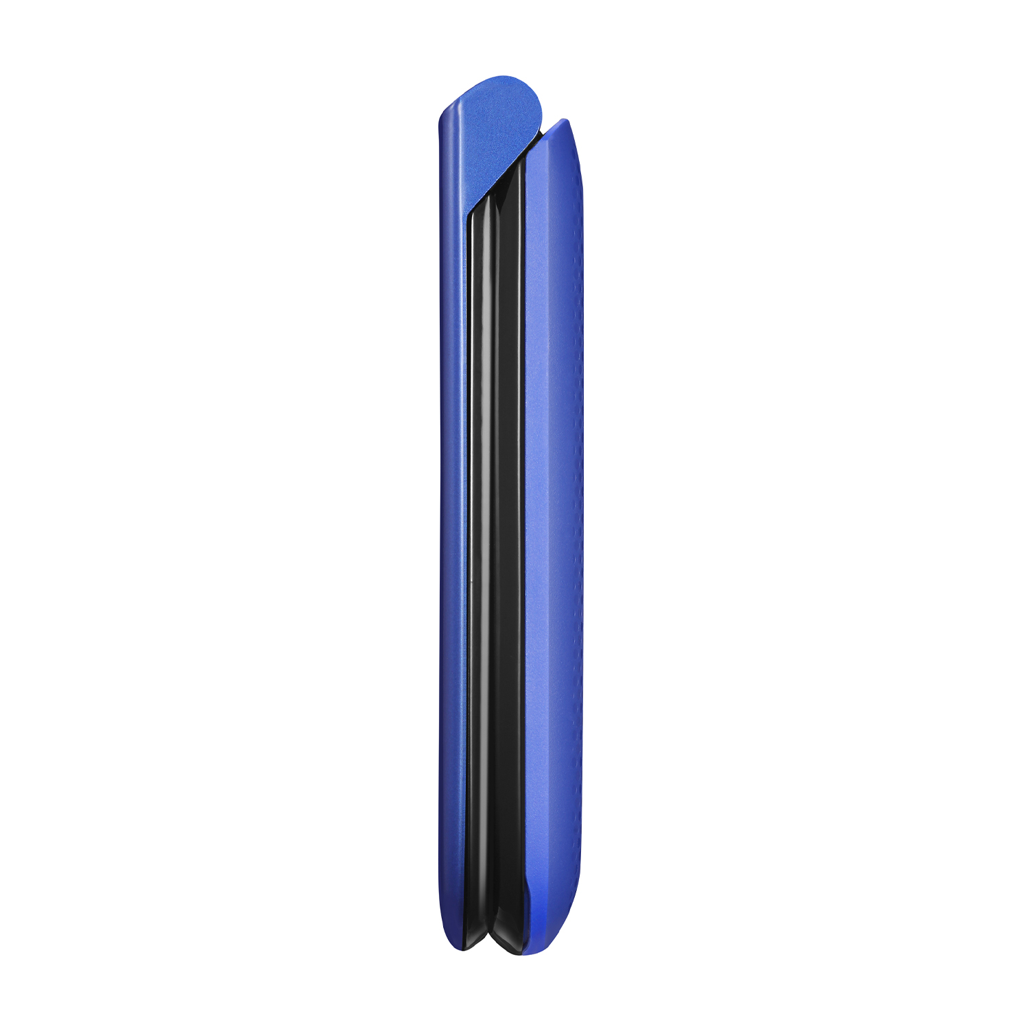 Un telefono flip pieghevole blu mostrato di lato su sfondo bianco.