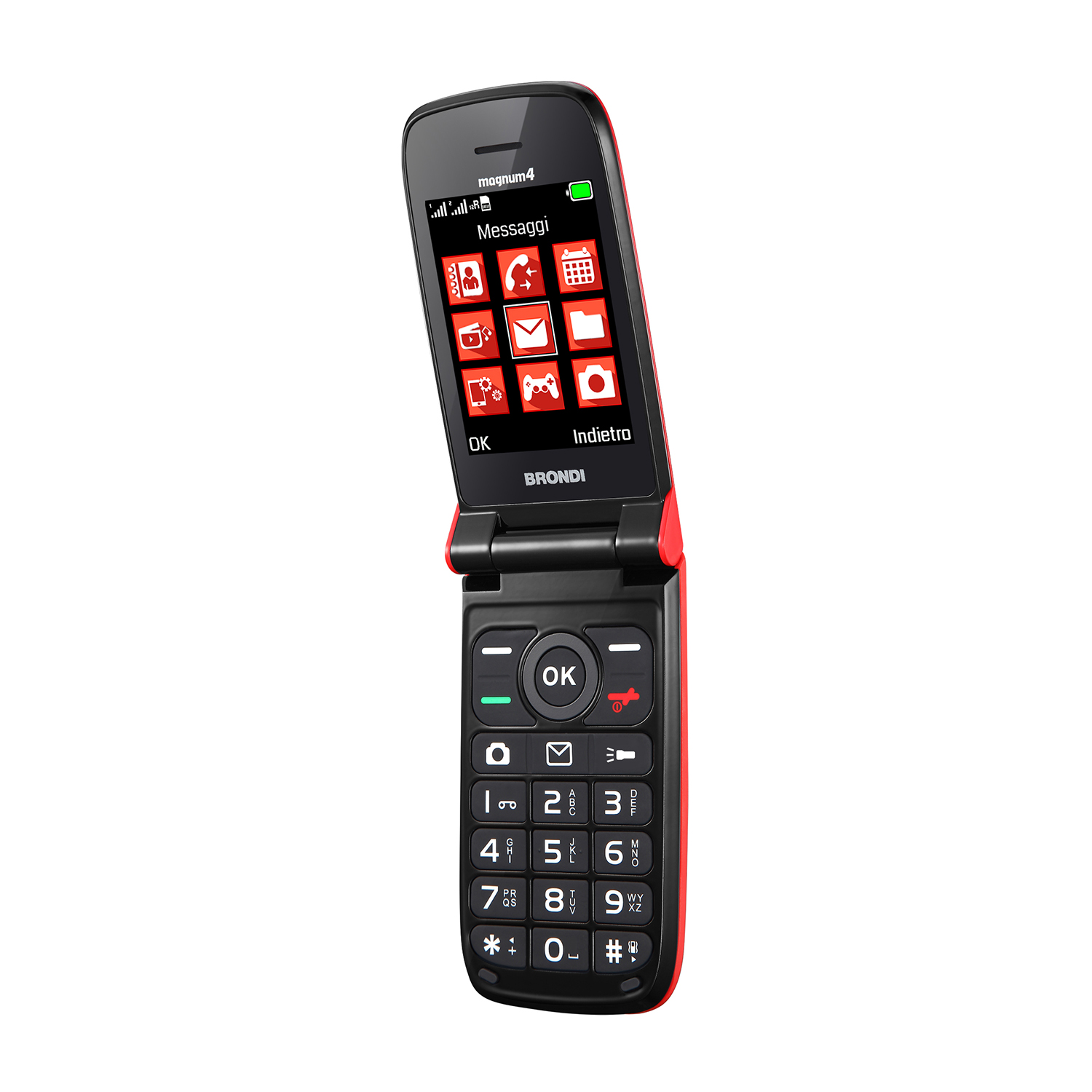 Un telefono a conchiglia rosso e nero con pulsanti e schermo.