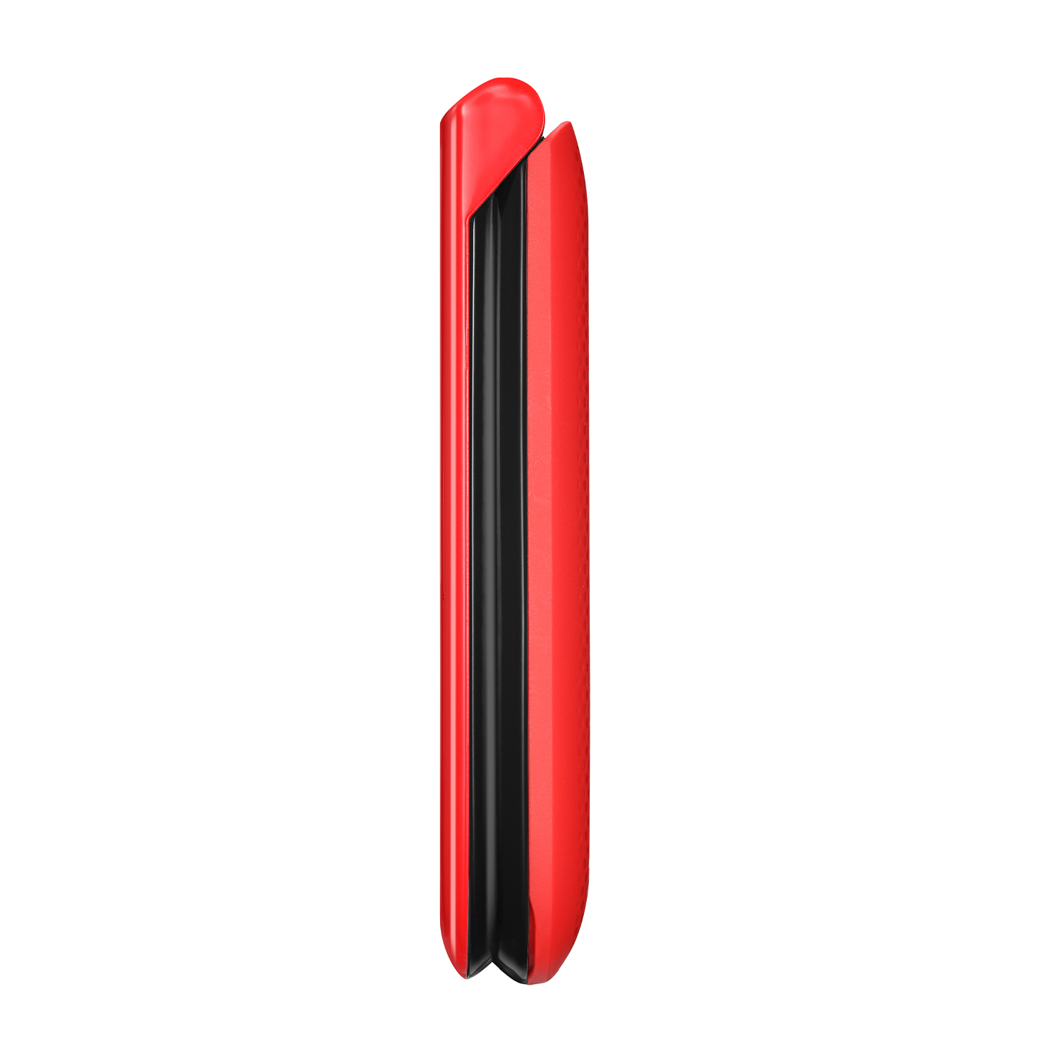 Telefono cellulare rosso con striscia nera, visto di lato.