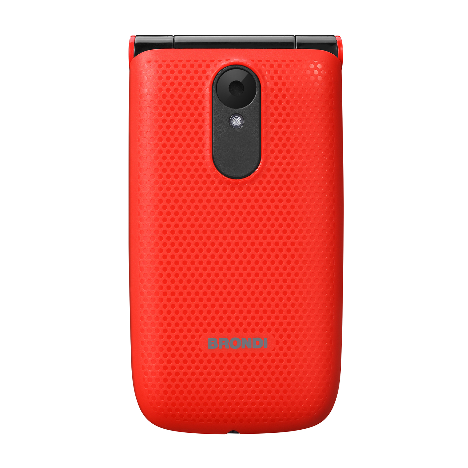 Telefono flip rosso con motivo a pois e fotocamera nera, isolato.
