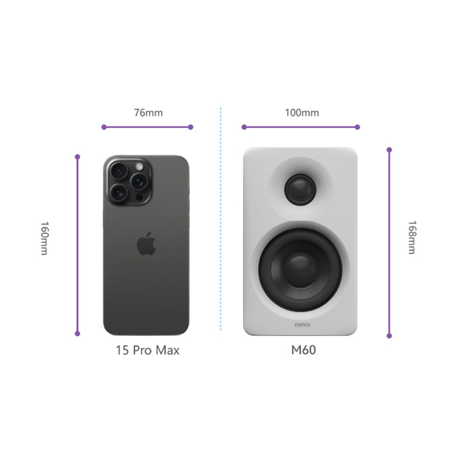 Un iPhone 15 Pro Max (160x76mm) accanto a un altoparlante bianco (168x100mm).