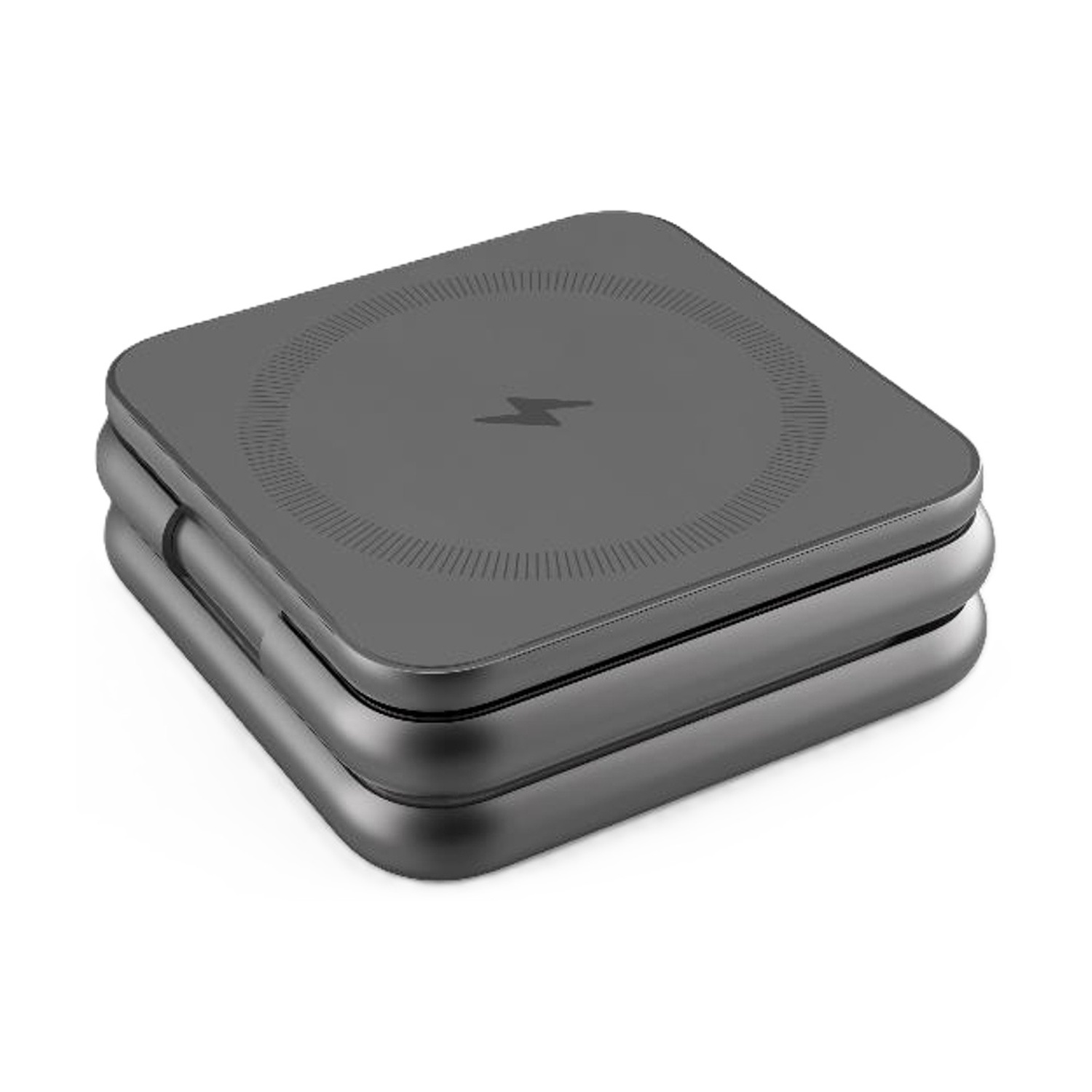Un supporto di ricarica wireless grigio e rettangolare con un fulmine.