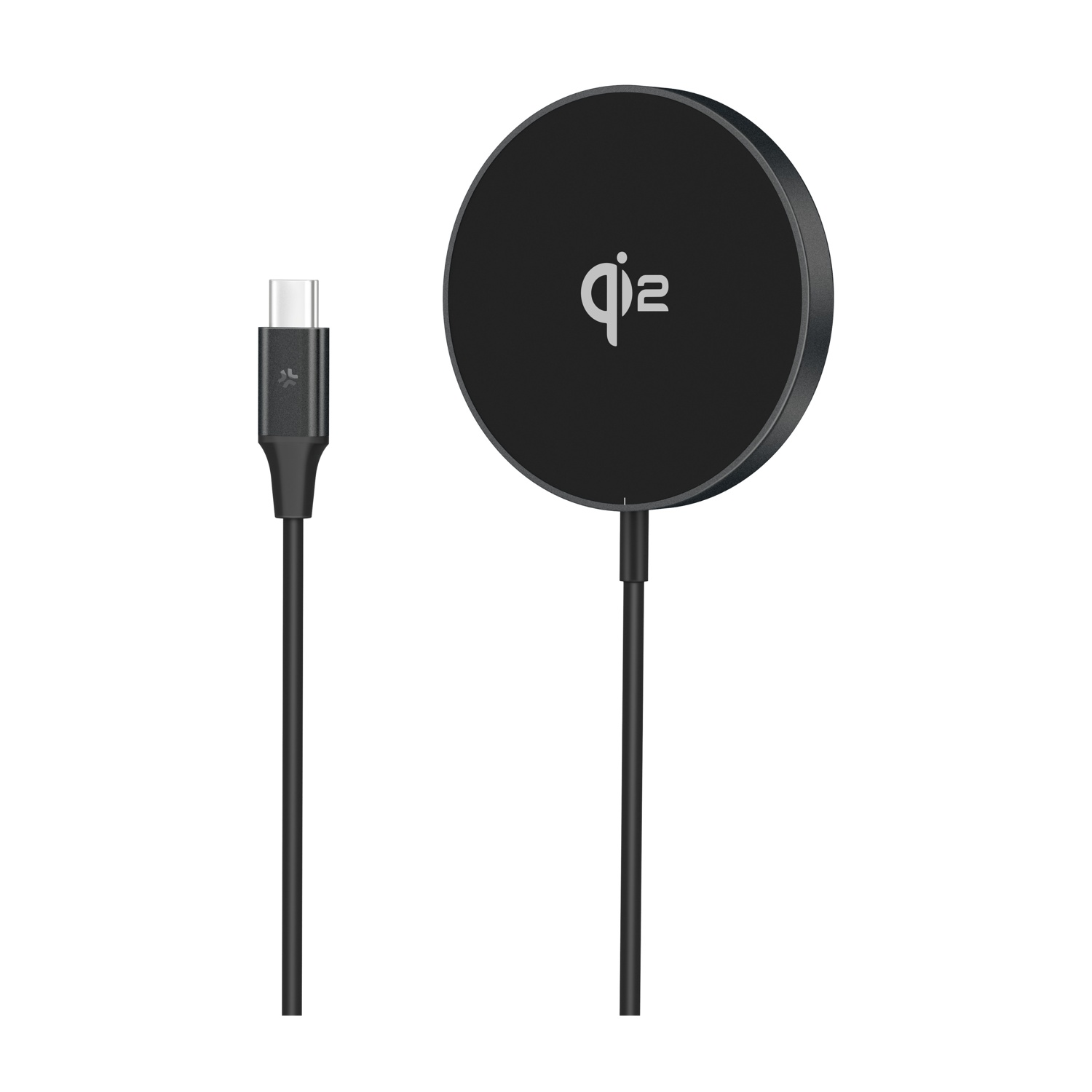 Pad di ricarica Qi2 nero con cavo USB-C su sfondo bianco.