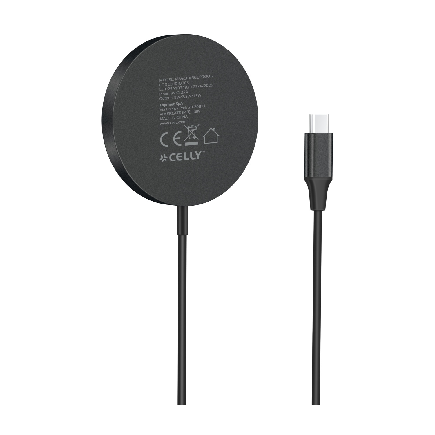 Caricatore wireless Celly nero con cavo USB-C. Dettagli testo, modello e specifiche.
